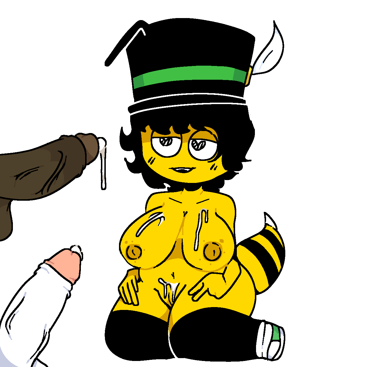 1girls 2boys 2d 2d_(artwork) 2d_artwork bee black_cock cum cum_in_pussy cum_on_body cum_on_breasts freckles_on_breasts green_shoes heart_eyes ibispaintx karamba karamba(oc) roblox self_insert shoes slightly_chubby slightly_chubby_female smile smiling stinger thighhighs tophat white_background white_cock yellow_skin