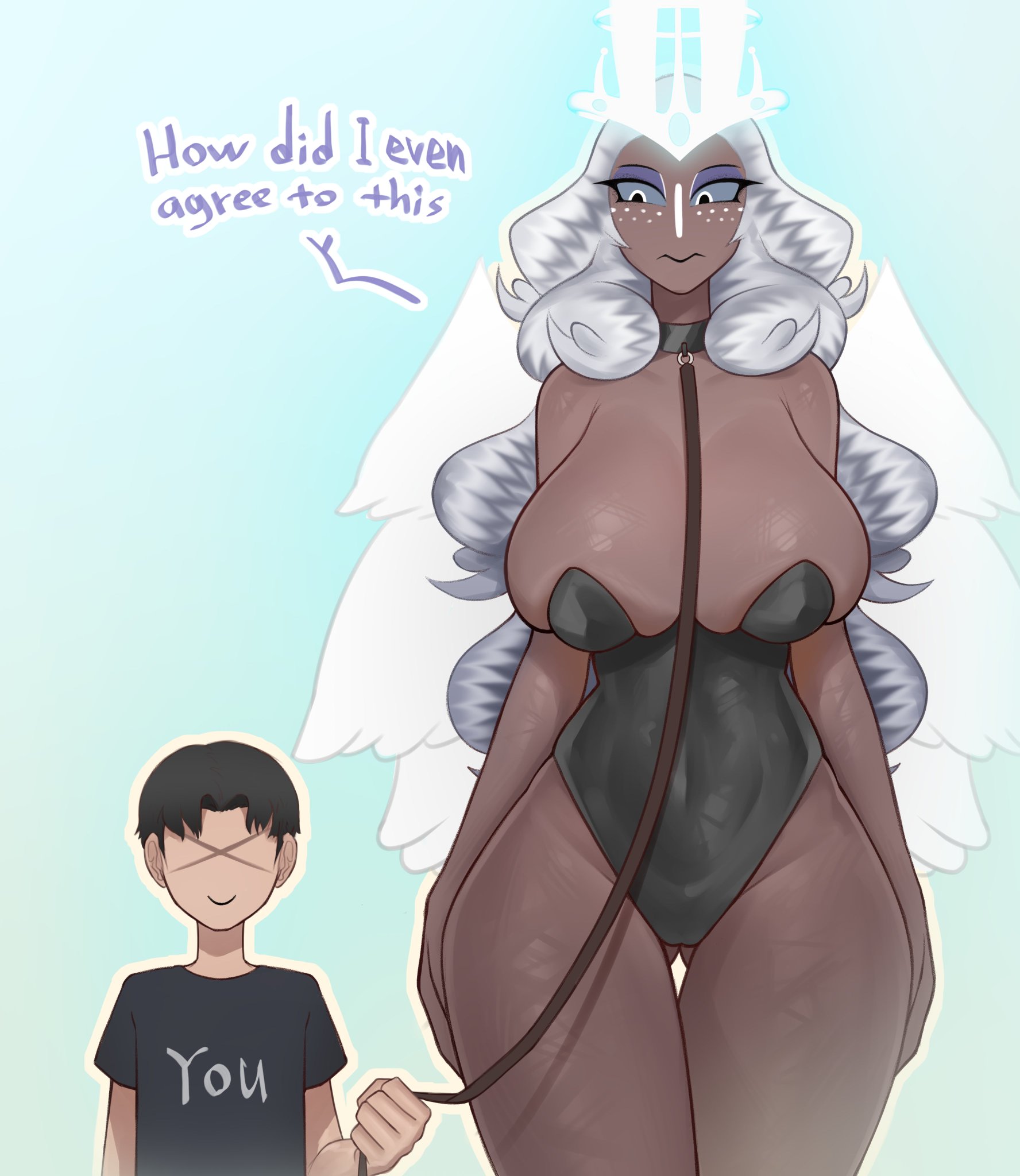 1boy, 1girls, 2d, alternate version available, ass, big ass, big breasts, bigger female, black clothing, black collar, breasts, collar, dark skin, dark-skinned female, dark-skinned sub, dryvial, female, femsub, hazbin hotel, human, human dominating, human dominating humanoid, humanoid, leash, leash and collar, male, maledom, sera (hazbin hotel), smaller male, tagme, white hair