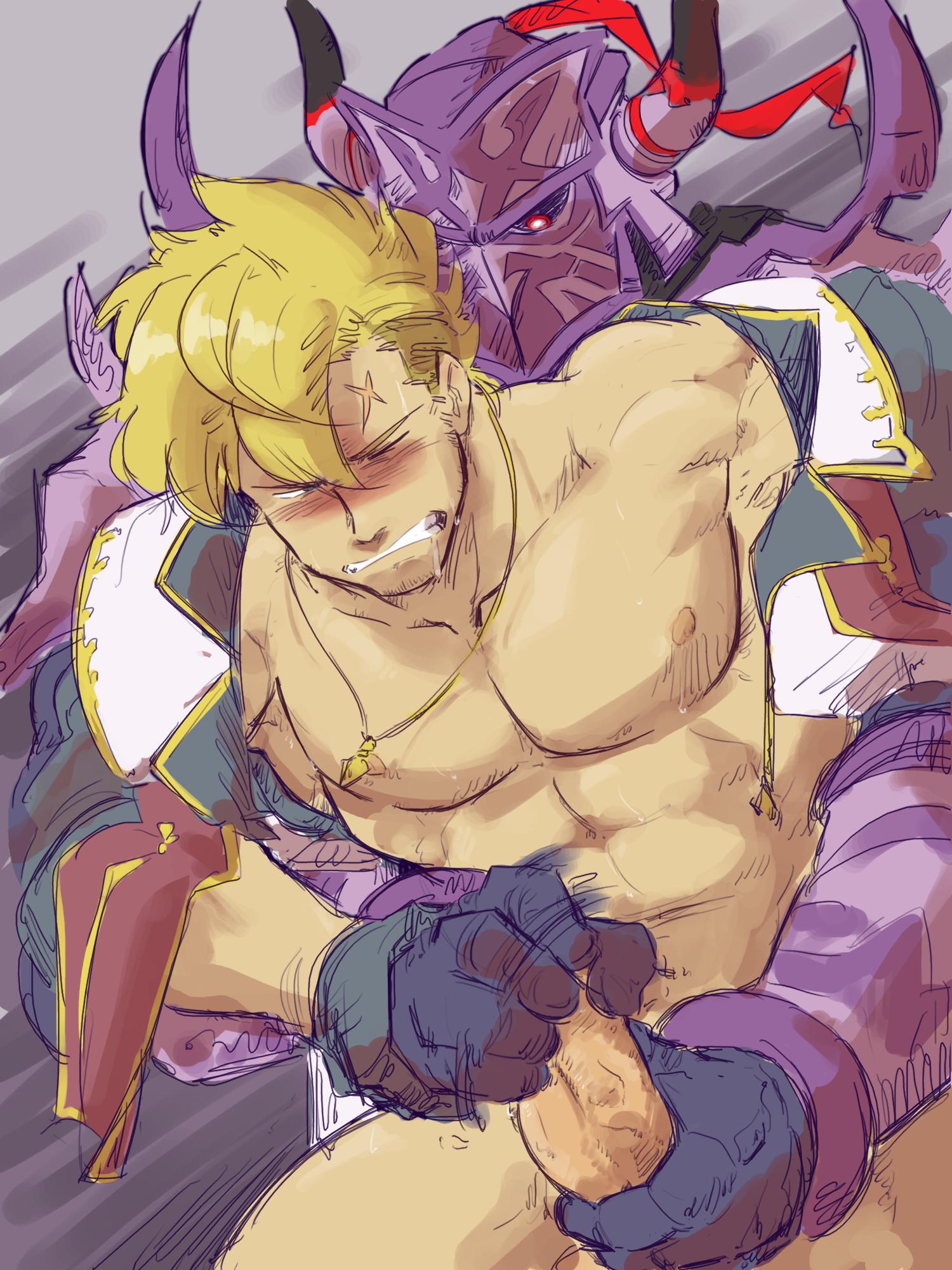 2boys abs bara berserker_(dragalia_lost) blonde_hair blush cross_scar curran_(dragalia_lost) dragalia_lost english_commentary fake_horns glansjob helmet highres horned_helmet horns jewelry male_focus male_masturbation masturbation multiple_boys muscular muscular_male necklace nipples one_eye_closed pectorals penis_hold piikeisandaa red_eyes scar scar_on_face scar_on_forehead