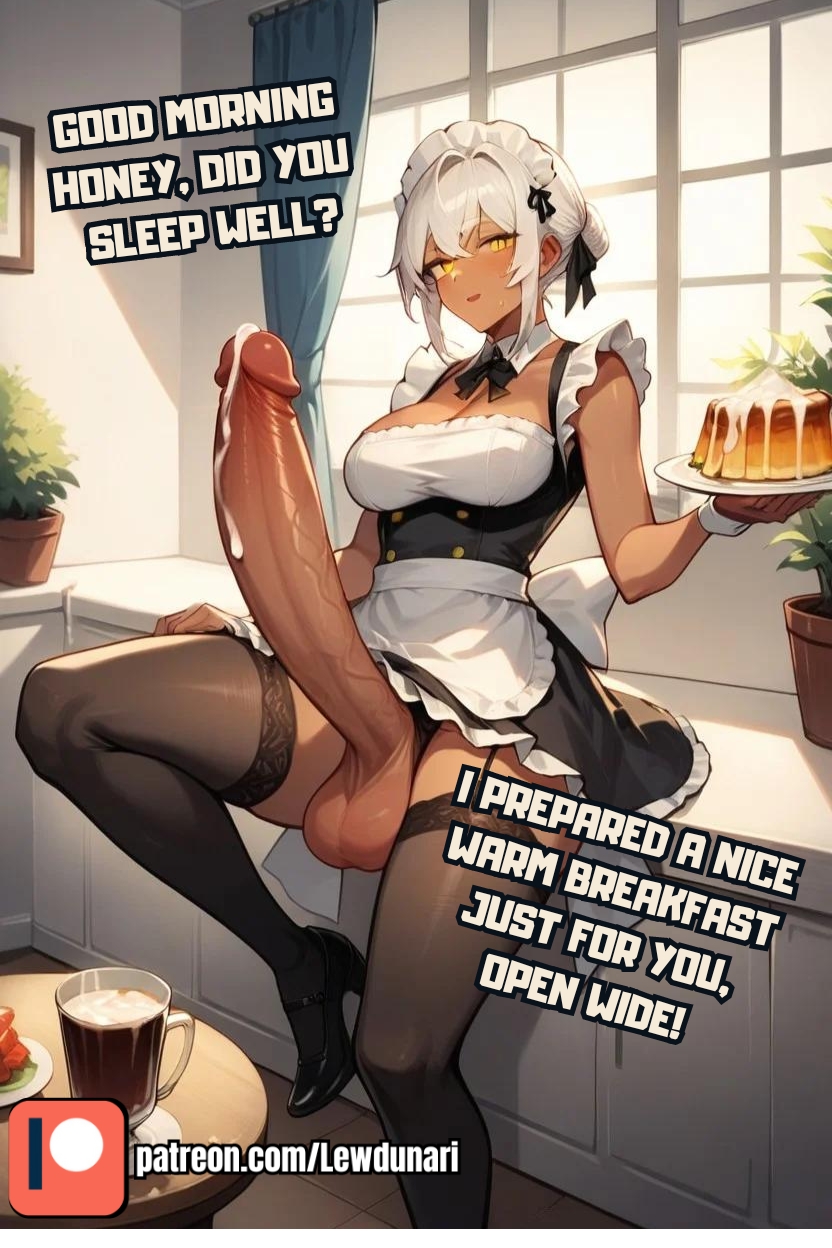 ai_assisted ai_generated big_breasts cleavage cock cum_drip cum_dripping_from_penis cum_on_food dialog dialogue dripping dripping_cum food futadom futanari huge_cock lewdunari lifting_skirt looking_at_viewer maid maid_outfit maid_uniform massive_penis morning morning_wood talking_to_viewer white_hair