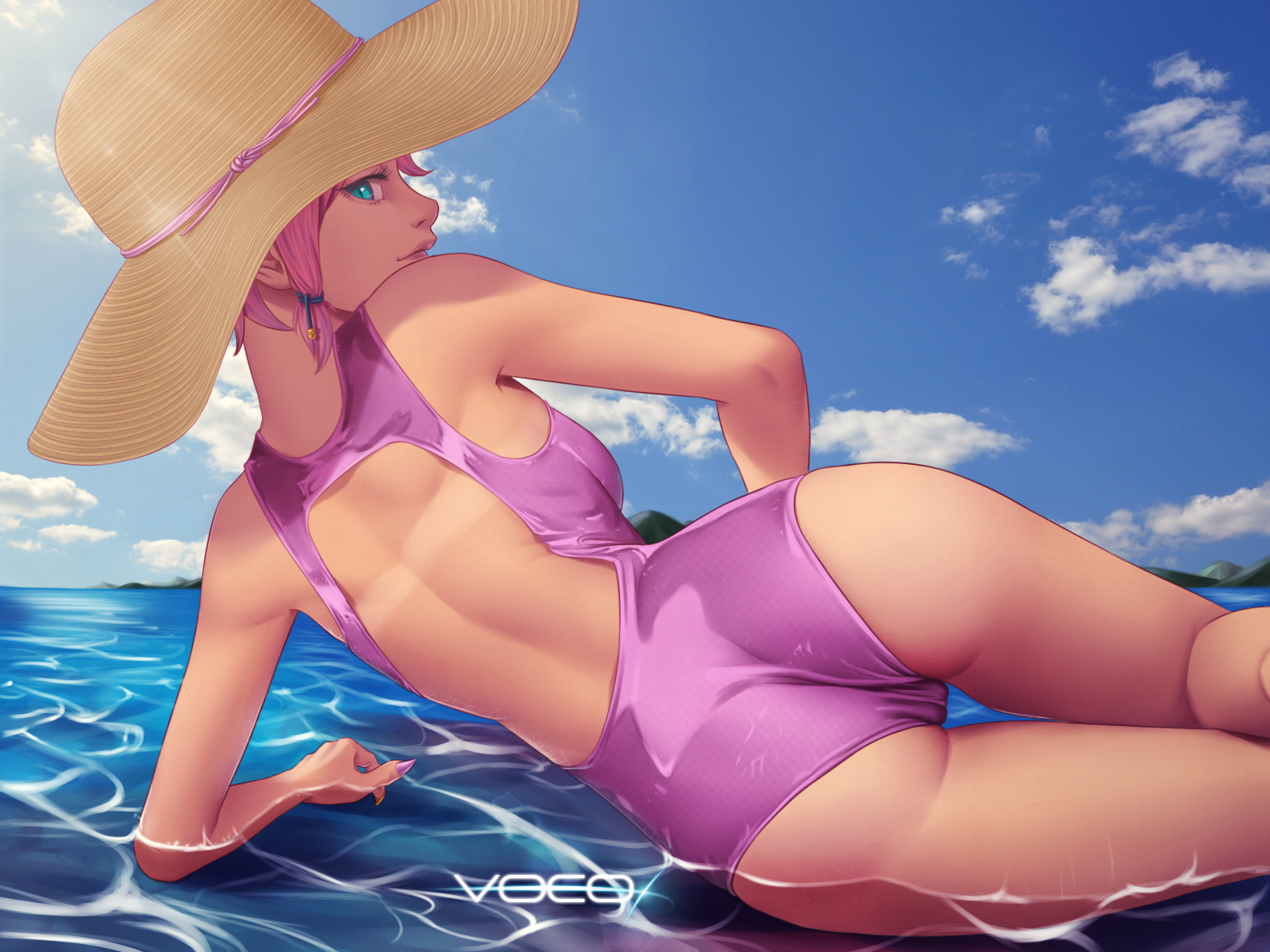 ass, back, beach, blue eyes, ears, eyes, female, hands, hat, legs, looking back, maeve (paladins), mouth, nails, nose, open eyes, paladins, pink, pink hair, solo, swimsuit, tan, vocox, wet