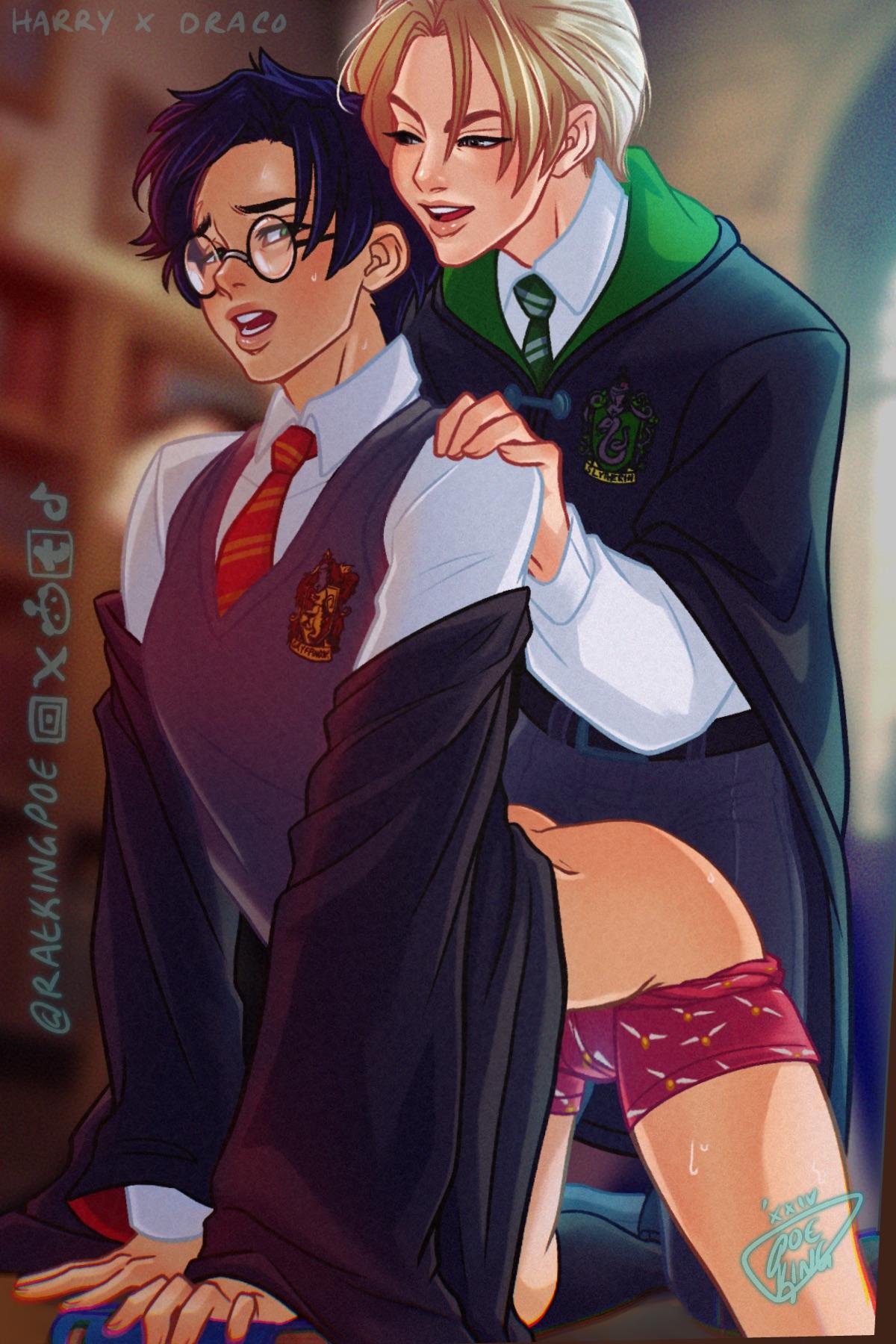 anal_sex arched_back ass bent_over_table black_hair black_hair_bottom blonde_hair blonde_hair_top boxers clothed_sex draco_malfoy drarry gay glasses gryffindor hand_on_shoulder harry_james_potter harry_potter hogwarts_school_uniform male/male male_only penis_in_ass ratkingpoe slytherin submissive_male sweaty_thighs twink