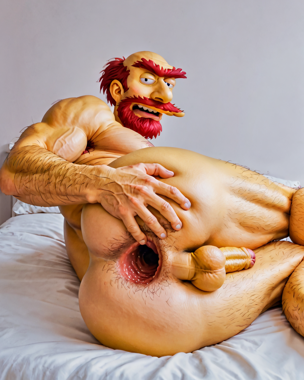 1boy ai_generated anal_gape ass balls bara barazoku beard gape gaping gaping_anus groundskeeper_willie hand_on_butt human looking_at_viewer lying_on_bed male male_focus male_only moustache muscular muscular_male on_side penis presenting pubes red_facial_hair red_hair solo spread_anus stable_diffusion the_simpsons ugly ugly_man