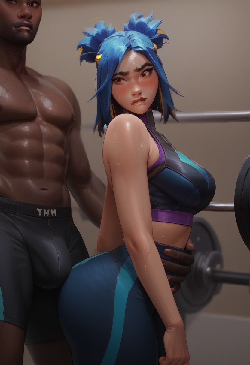 ai_generated athletic_female before_sex blue_hair blush brown_hair bulge bulge_through_clothing bulge_under_clothes dark-skinned_male dark_skin filipino_female gym gym_clothes gym_uniform interracial leggings light-skinned_female light_skin muscular muscular_male neon_(valorant) riot_games sweat tagme twintails two_tone_hair valorant