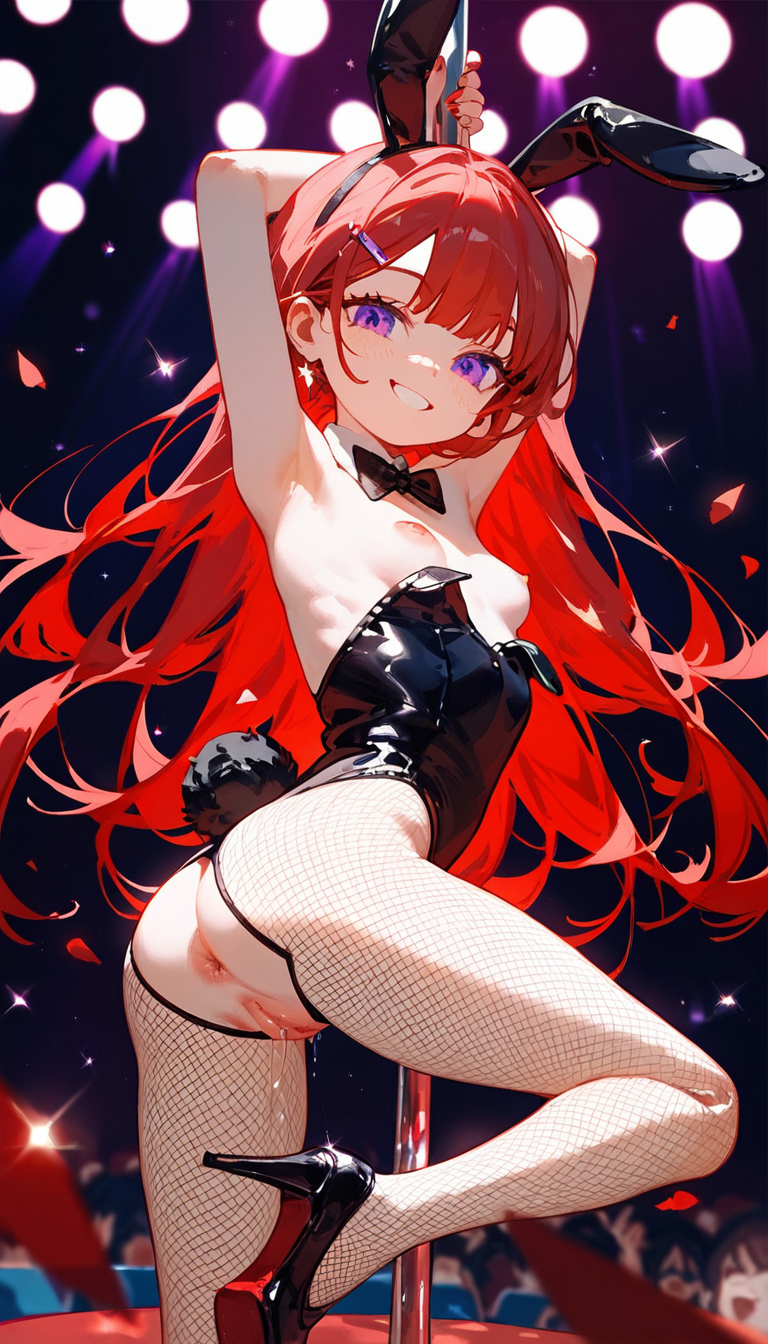 ai_generated anus armpits bunny_ears bunny_girl bunnysuit fishnet_pantyhose happy long_hair purple_eyes pussy pussy_juice red_hair small_breasts smaller_female striptease