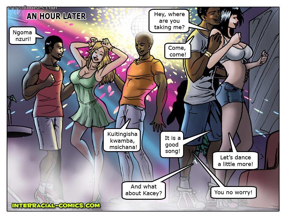 2girls african_adventures black_hair blonde_female blonde_hair blonde_hair_female cleavage dancing dark-skinned_male dark_skin dress english_text interracial interracial-comics multiple_girls nightclub shorts text