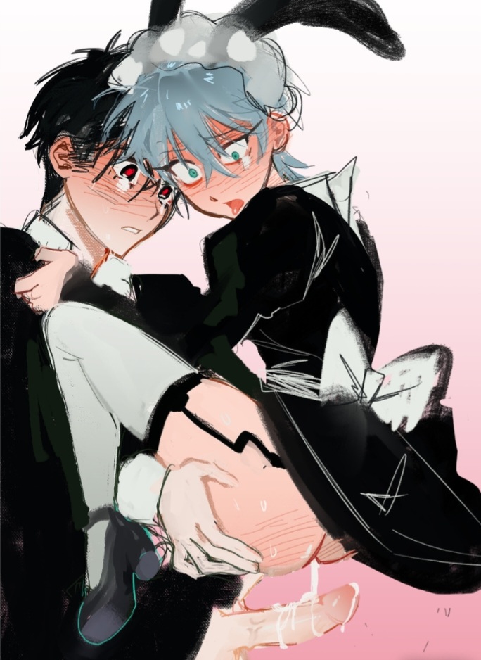 2boys, alien stage, blush, bunny boy, bunny ears, bunnysuit, cum, cum in ass, cum inside, feet, holding, ivan (alien stage), male, male/male, tears, till (alien stage), tongue out, watermelonckey