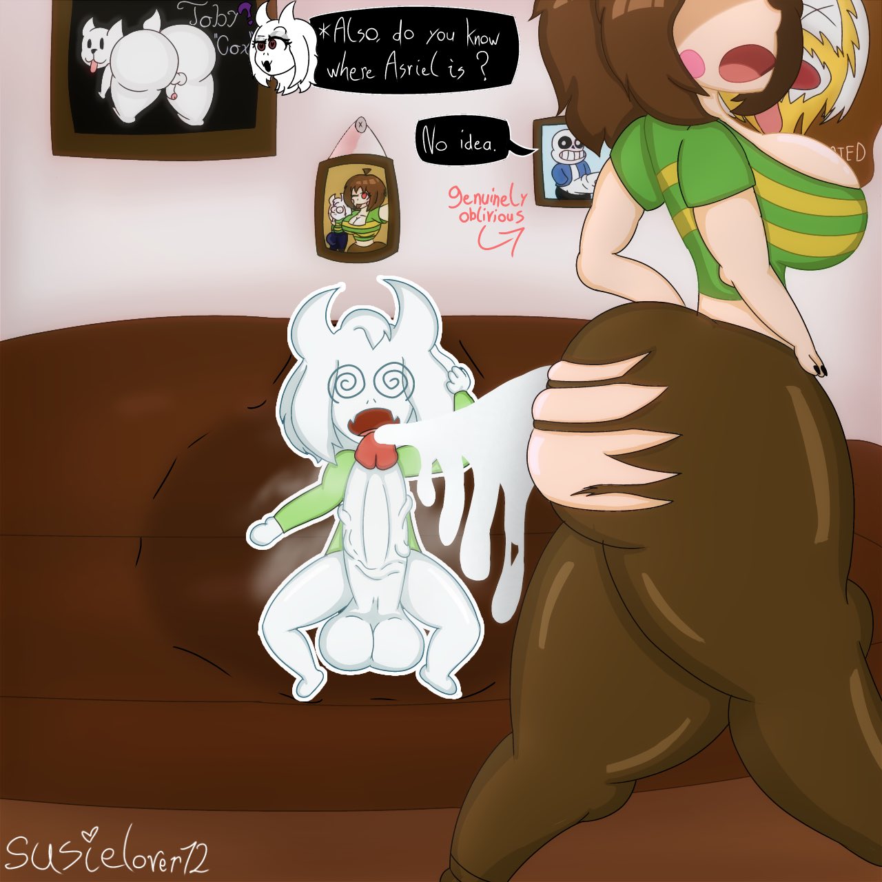 annoying dog (undertale), asgore dreemurr, asriel dreemurr, ass print, black nails, chara, chasriel, cum, cum on ass, dazed, death, death by snoo snoo, female, female chara, male, male death, oblivious, sans, straight, susielover12 (artist), toriel, unaware, undertale, x eyes