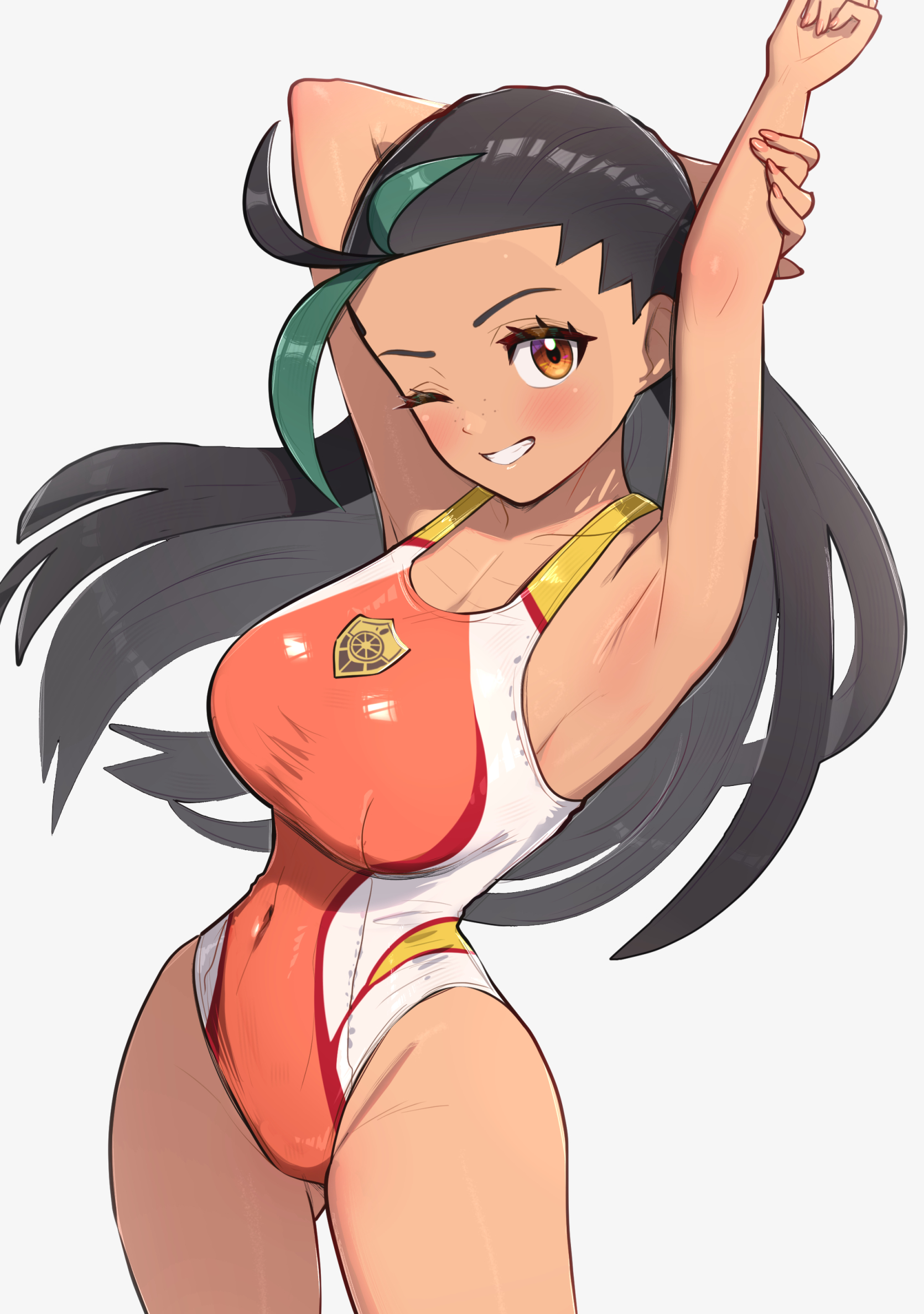 alternate costume, arms up, black hair, breasts, brown eyes, covered navel, cowboy shot, female, gonzarez, green hair, grin, highres, long hair, looking at viewer, medium breasts, multicolored swimsuit, nemona (pokemon), nintendo, one eye closed, one-piece swimsuit, orange one-piece swimsuit, pokemon, pokemon sv, school swimsuit, simple background, smile, solo, swimsuit, white background, white one-piece swimsuit