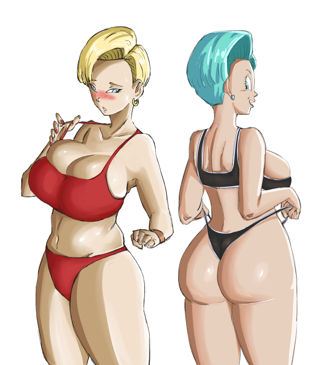 2girls, android 18, ass, barely contained, barely contained breasts, barely fits, big ass, big breasts, big butt, black underwear, blonde female, blonde hair, blonde-haired female, blue eyes, blue hair, blue-haired female, booba, breasts, breasts too big, bulma, bulma (dragon ball), bulma briefs, bulma briefs (gt saga), bursting breasts, cyborg, cyborg girl, dragon ball, dragon ball gt, earings, earring, female, female focus, female only, human, human female, imminent wardrobe malfunction, inconvenient boobs, inconvenient breasts, light skin, light-skinned female, looking at another, looking at own breasts, looking down at breasts, looking down at self, mature, mature female, mature woman, multiple females, multiple girls, panarandom, red underwear, tight fit, too small clothes, too tight, undersized clothes, undersized clothing, underwear, wardrobe malfunction, wrinkles