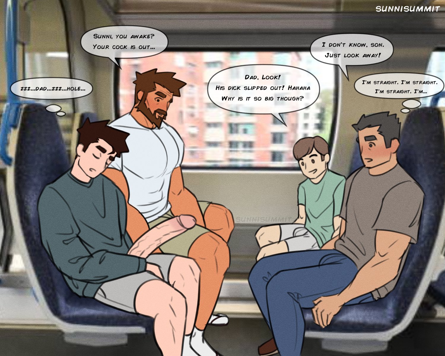 4boys, age difference, balls, clothed, clothing, dialogue, english text, erection, exhibitionism, exhibitionist, father and son, gay, huge penis, imminent sex, incest, indoors, kinktober, kinktober 2025, looking at another, male, male only, male/male, mature male, muscular, muscular male, penis, public, sleeping, sunnisummit, text, train, train interior, yaoi, younger male