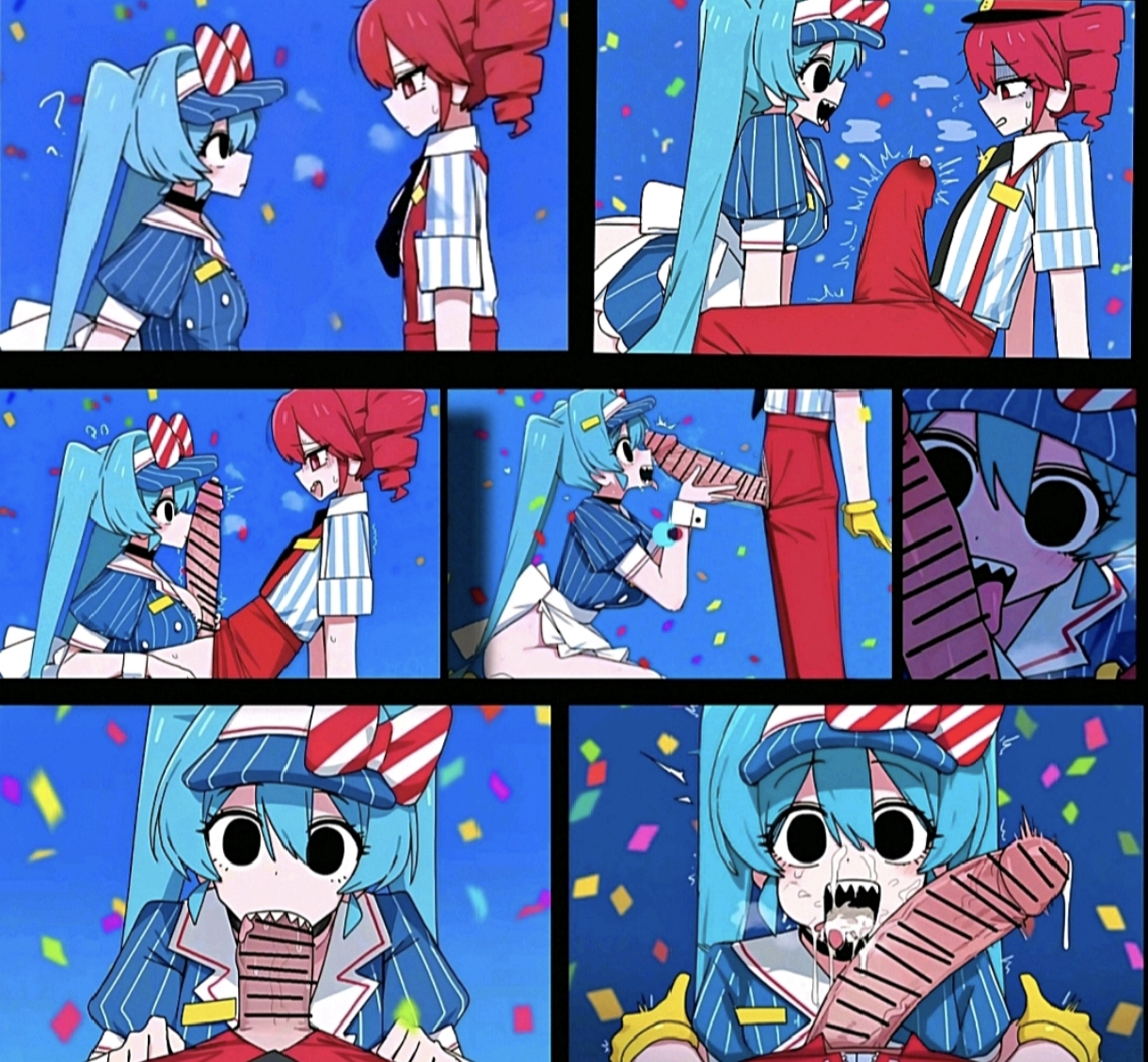 1boy, 1futa, 1girls, 2girls, ai generated, apron, bar censor, black eyes, blowjob, blue hair, bulge, bulge through clothing, censored, comic, confetti, cum, cum drip, cum in mouth, cum on tongue, drill hair, duo, erection, erection under clothes, fellatio, female, futa with female, futanari, hatsune miku, hetero, huge penis, intersex, kasane teto, large penis, licking, licking penis, long hair, looking at penis, multiple girls, necktie, open mouth, oral, penis, pink hair, precum, red eyes, red hair, sharp teeth, shirt, striped, teeth, tongue, tongue out, twin drills, twintails, very long hair, visor cap, vocaloid
