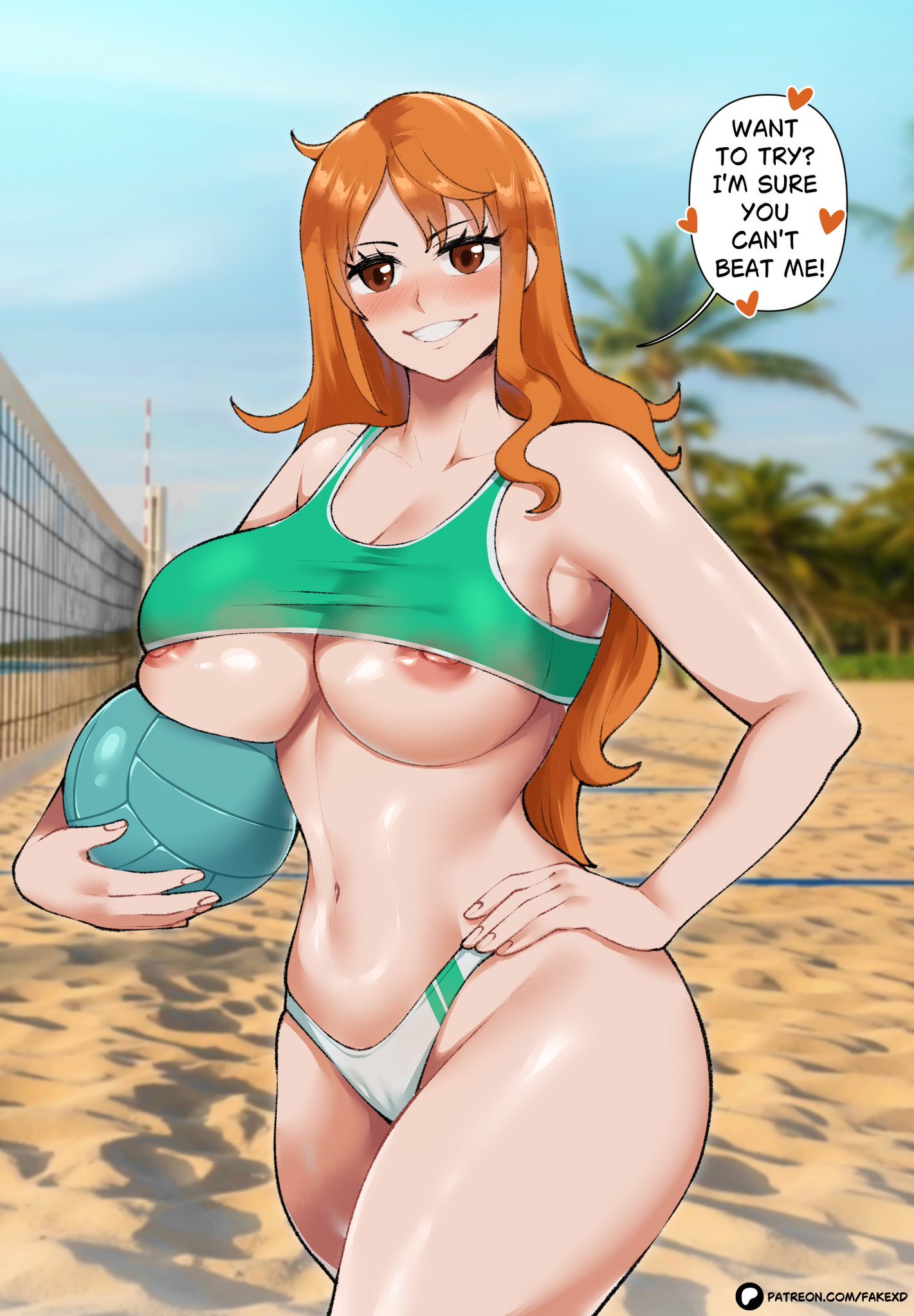 1girls, bare arms, bare legs, bare shoulders, bare thighs, beach, beach volleyball, big breasts, bikini bottom, blush, breasts, clothed, clothing, color, english text, fake (artist), female, female focus, female only, hi res, large breasts, light skin, light-skinned female, long hair, looking at viewer, nami (one piece), nipples, one piece, orange eyes, orange hair, orange-haired female, sand, shounen jump, solo, solo female, tagme, text, text bubble, thick thighs, underboob