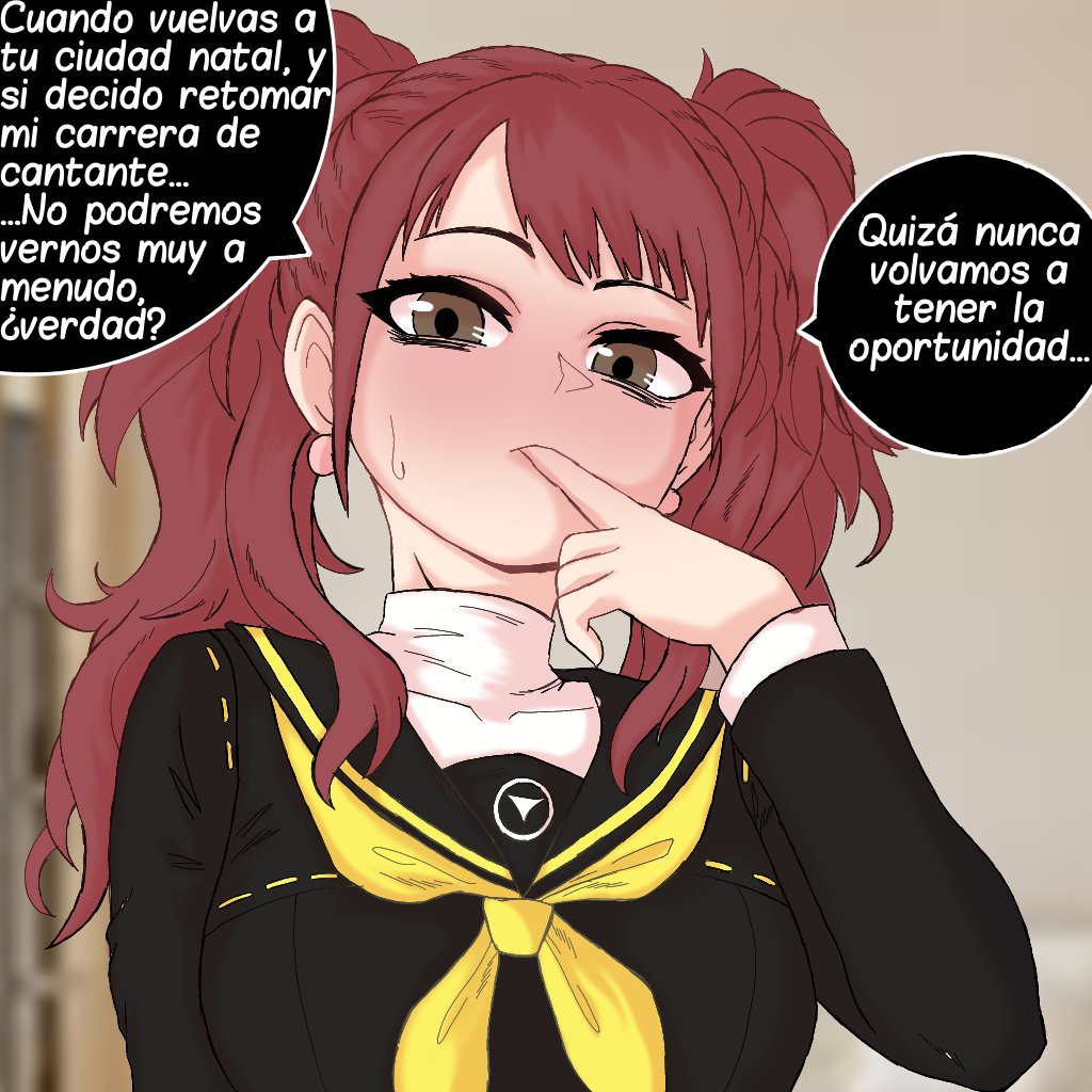 1girls, brown hair, chasa, chasa1990, female, finger in mouth, kujikawa rise, persona, persona 4, spanish text, tagme, translated, twintails