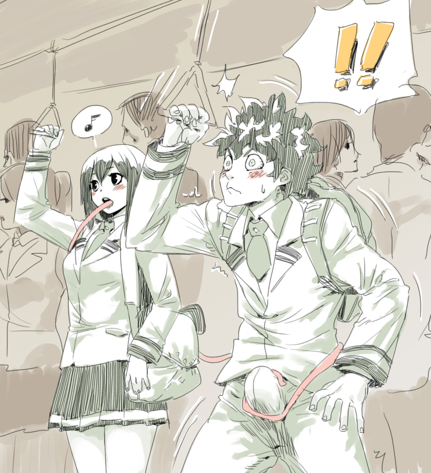 !!, 1boy, 1girls, archvermin, assertive, assertive female, asui tsuyu, blush, boku no hero academia, bulge, bulge through clothing, chikan, clothed, clothing, deku, erection, female, female pervert, ground vehicle, highres, izuku midoriya, licking, long tongue, male, midoriya izuku, musical note, my hero academia, necktie, partially colored, pervert, public, school uniform, schoolgirl, shirt, sketch, skirt, spoken musical note, straight, submissive male, surprised, tongue, tongue out, tonguejob, train, train interior, trembling, tsuyu asui, u.a. school uniform
