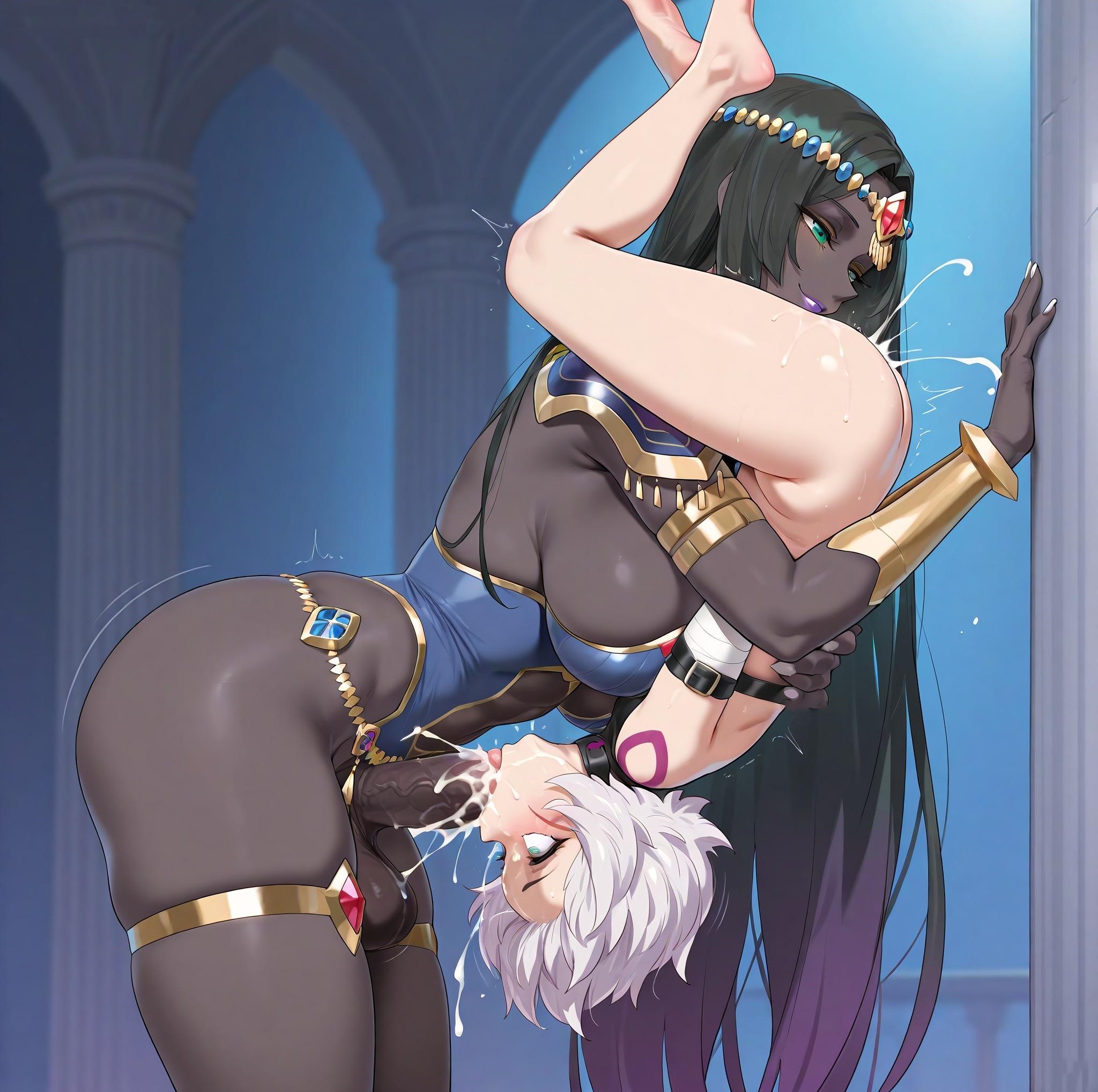 ahe gao, ai generated, balls, ballsack, big thighs, black hair, blowjob, breasts, cock, cum in mouth, dark-skinned futa, fate (series), fate/apocrypha, fate/grand order, fellatio, female, futa on female, futanari, green eyes, huge breasts, jack the ripper (fate), jack the ripper (fate/apocrypha), light-skinned female, long hair, nameless gooner, penis, scheherazade (fate), self upload, short hair, size difference, smile, suspended, upside down fellatio, upside-down, veiny penis, white hair