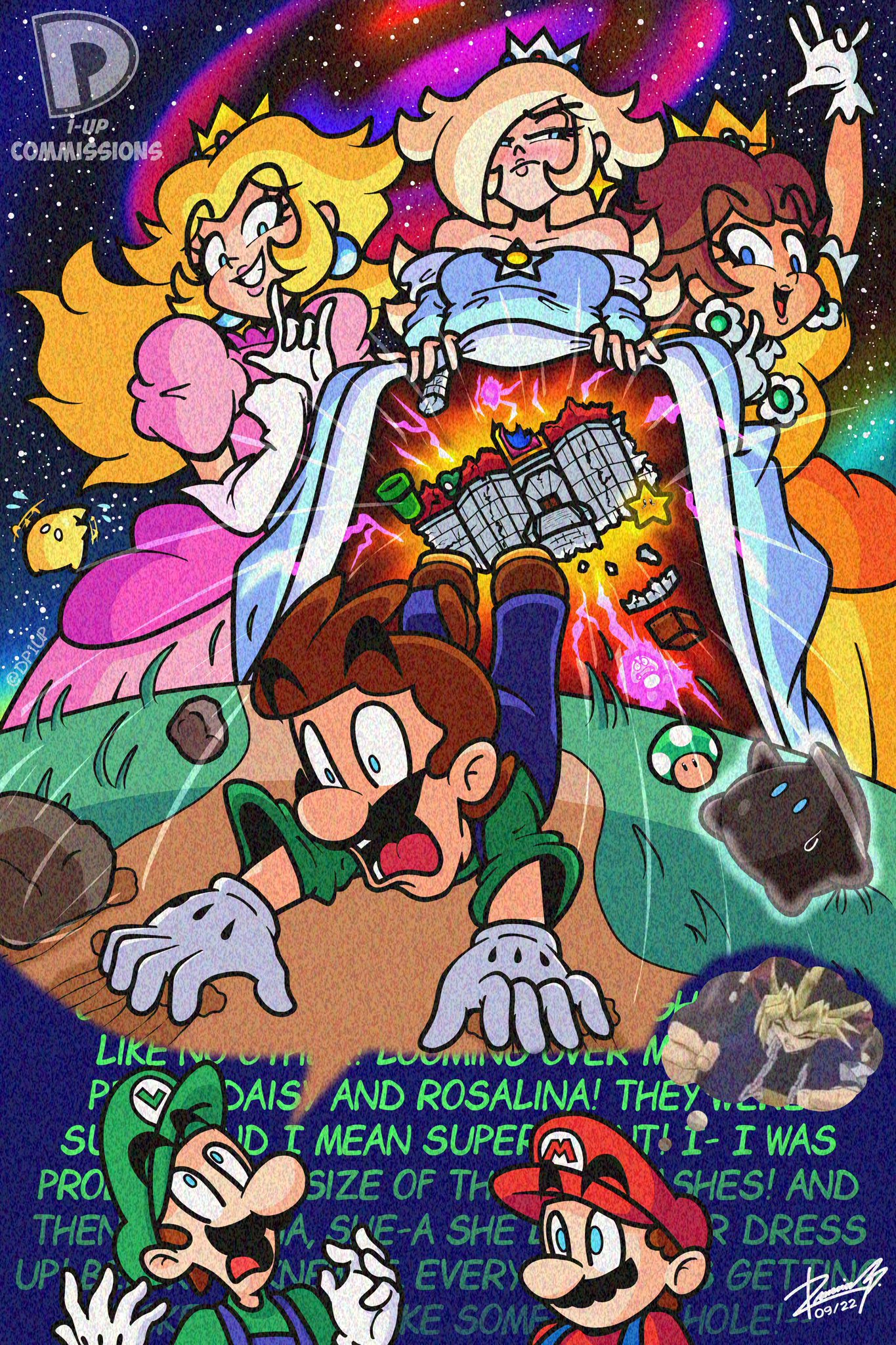 annoyed, blush, dialogue, dp1up, embrassed, female, funny, galaxy, giantess, humor, it should have been me not him, jealous, luigi, luma, mario, mario (series), meme, pose, princess daisy, princess peach, princess rosalina, scared, shocked, taller female, text, vacuum oral, vore