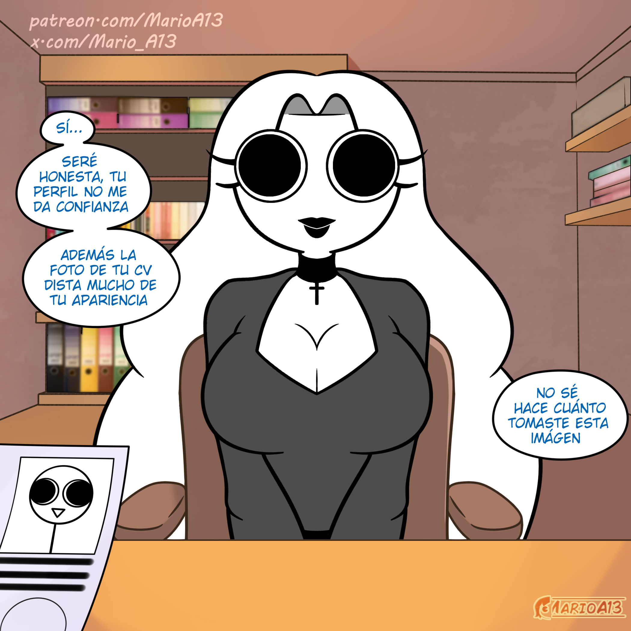 big breasts, breasts, carla en la oficina, clothing, collar, comic, female, goth girl, marioa13, solo female, spanish text, tagme, virtual youtuber, vtuber, xiaro, youtube