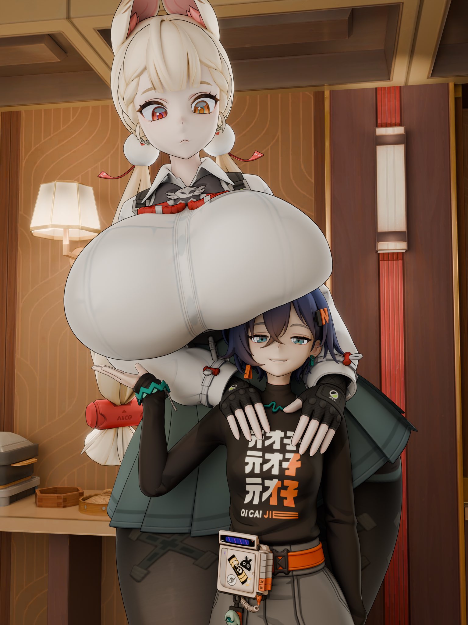 3d, alice thymefield, belle (zenless zone zero), breasts, breasts on head, decodec, female, huge breasts, smug grin, surprised, tagme, taller female, zenless zone zero