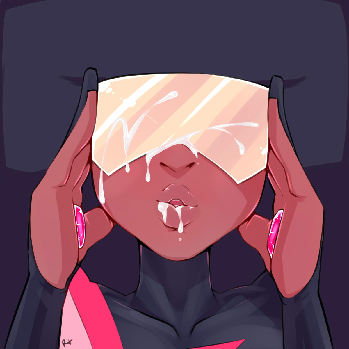 after fellatio, cum, cum on glasses, cum on lips, dark skin, facial, female, garnet (steven universe), gem (species), gem fusion, glasses, highres, lips, open mouth, r4, steven universe