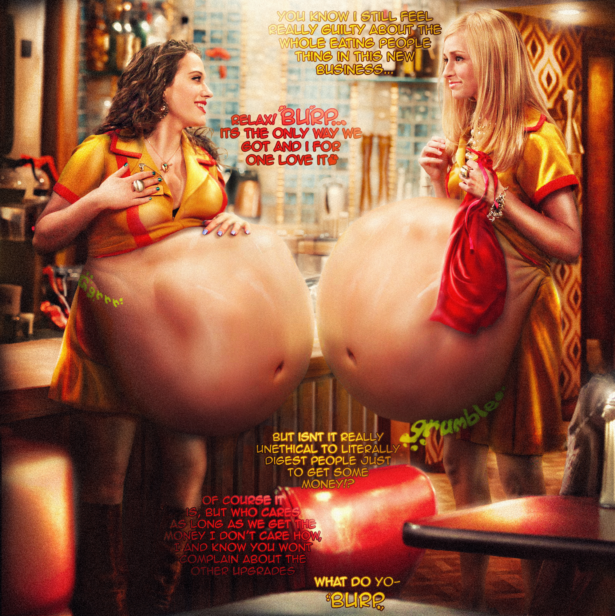 2 broke girls, actress, big belly, bloated belly, bloated stomach, caroline channing, celebrity, digested prey, digestion, digestion noises, female, female pred, inflated belly, kat dennings, max black, oral vore, real person, same size, same size pred, same size vore, soft vore, stomach, stomach bulge, stomach inflation, vo-photoshop, vore, vore belly