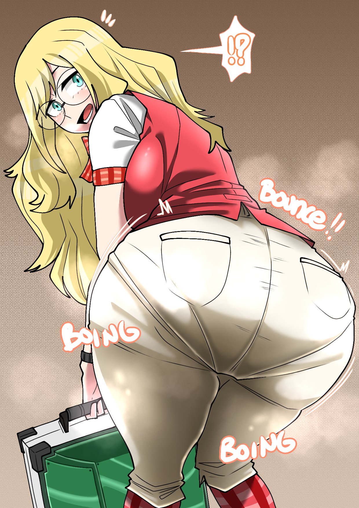 ?!, 1girls, 2d, 2d (artwork), ass, ass focus, ass shake, bent over, big ass, big breasts, big butt, blonde hair, bottomwear, breasts, briefcase, bubble butt, butt focus, caught staring, clothing, dat ass, dumptruck ass, english, english text, eyewear, fat ass, female, female only, glasses, green bean, hair, holding object, huge ass, light-skinned female, long hair, looking back, melissa shield, my hero academia, onomatopoeia, pants, pantylines, red shirt, shirt, solo, solo female, speech bubble, steam, text, topwear, wide hips