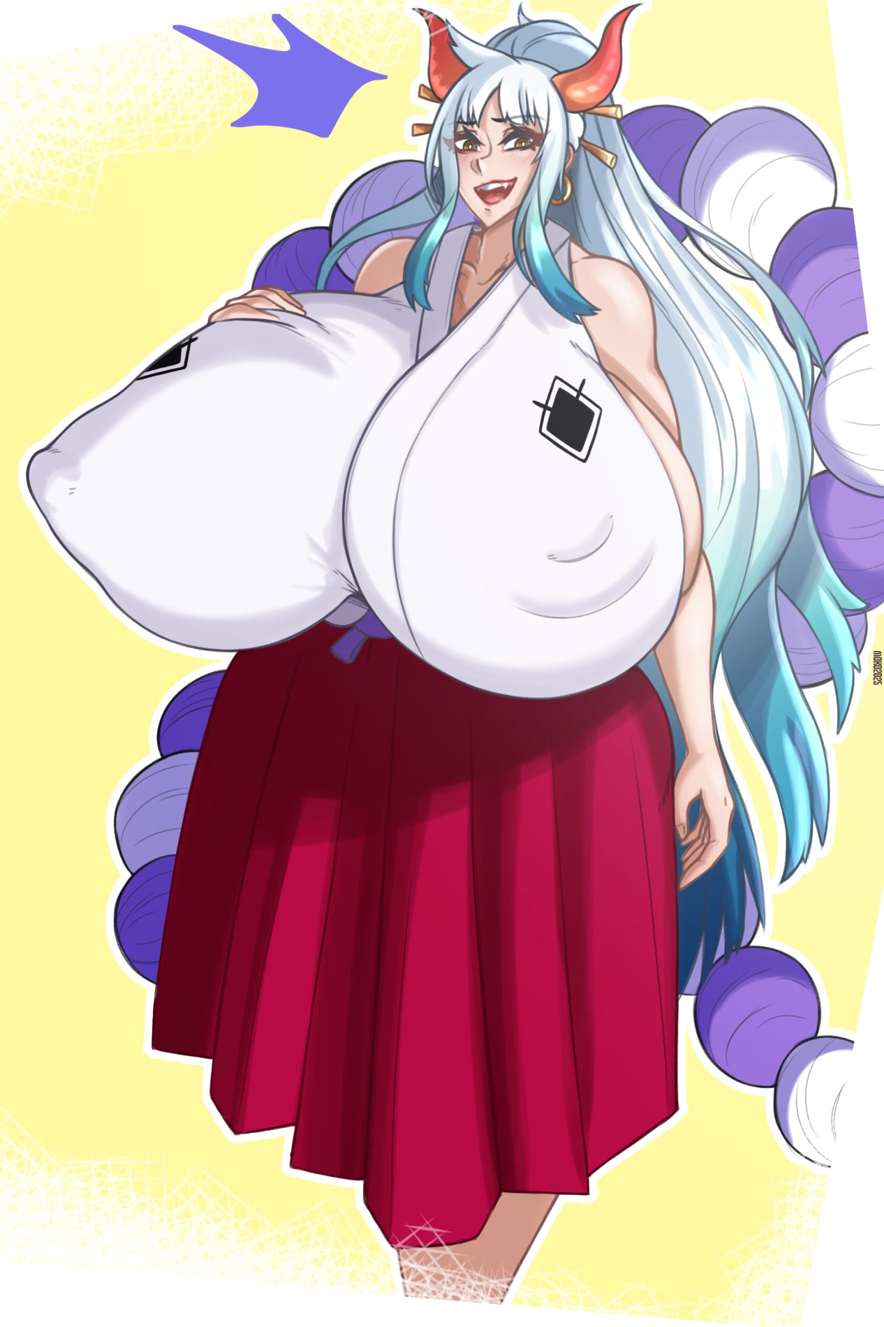 1girls, aomokoka, breasts, breasts bigger than head, breasts bigger than torso, clothing, female, female only, hand on breast, hyper, hyper breasts, looking at viewer, nipples visible through clothing, one piece, shocked, white hair, yamato (one piece)