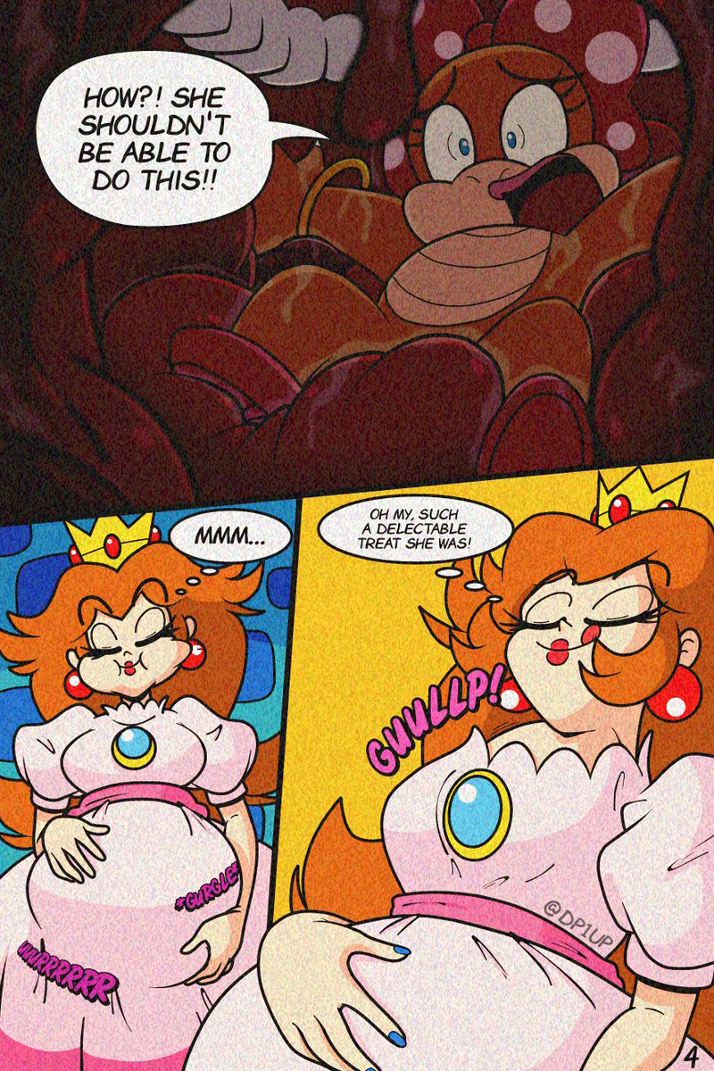 angry, blue nails, comic, dialogue, dic entertainment, dp1up, female, female only, hangry, light-skinned female, mario (series), nintendo, pink dress, princess peach, princess toadstool, princess toadstool (dic cartoons), same size vore, scared, scared expression, text, the super mario bros. super show!, turtle, vore, vore belly, wendy o. koopa