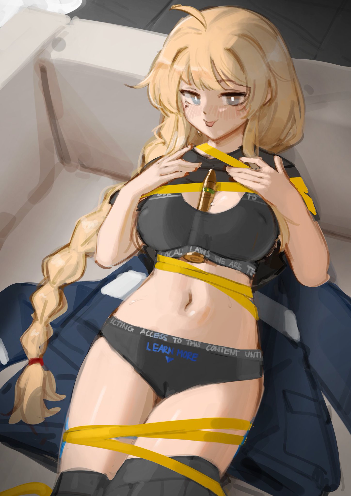 1girls, ammunition, banana batter, blonde hair, blue eyes, bondage, bra, braid, breasts, cameltoe, cleavage, couch, female, hair tie, hands on chest, hands on own chest, large breasts, light bondage, light skin, light-skinned female, long hair, lying on jacket, navel, nipple bulge, object between breasts, panties, pants down, shirt up, sports bra, sports panties, sticking out tongue, stomach, sweatdrop, tape bondage, thighs, tongue, underwear, virtual youtuber, whiskey project, work uniform, yellow tape