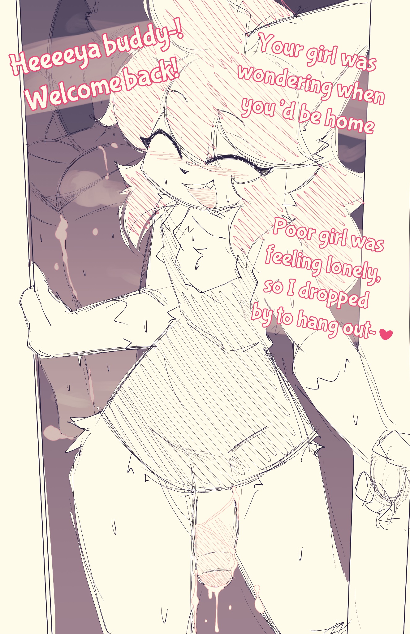 1boy, 1girls, anthro, cheating, cucked by femboy, cuckold, cuckold pov, dialogue, domestic cat, fangs, felid, feline, feline penis, femboy, femboy on female, fur, furry, genital fluids, genitals, hung femboy, kurus, leaking cum, male, male anthro, open mouth, penis, retracted foreskin, shiori (kurus), smug, smug face, tagme