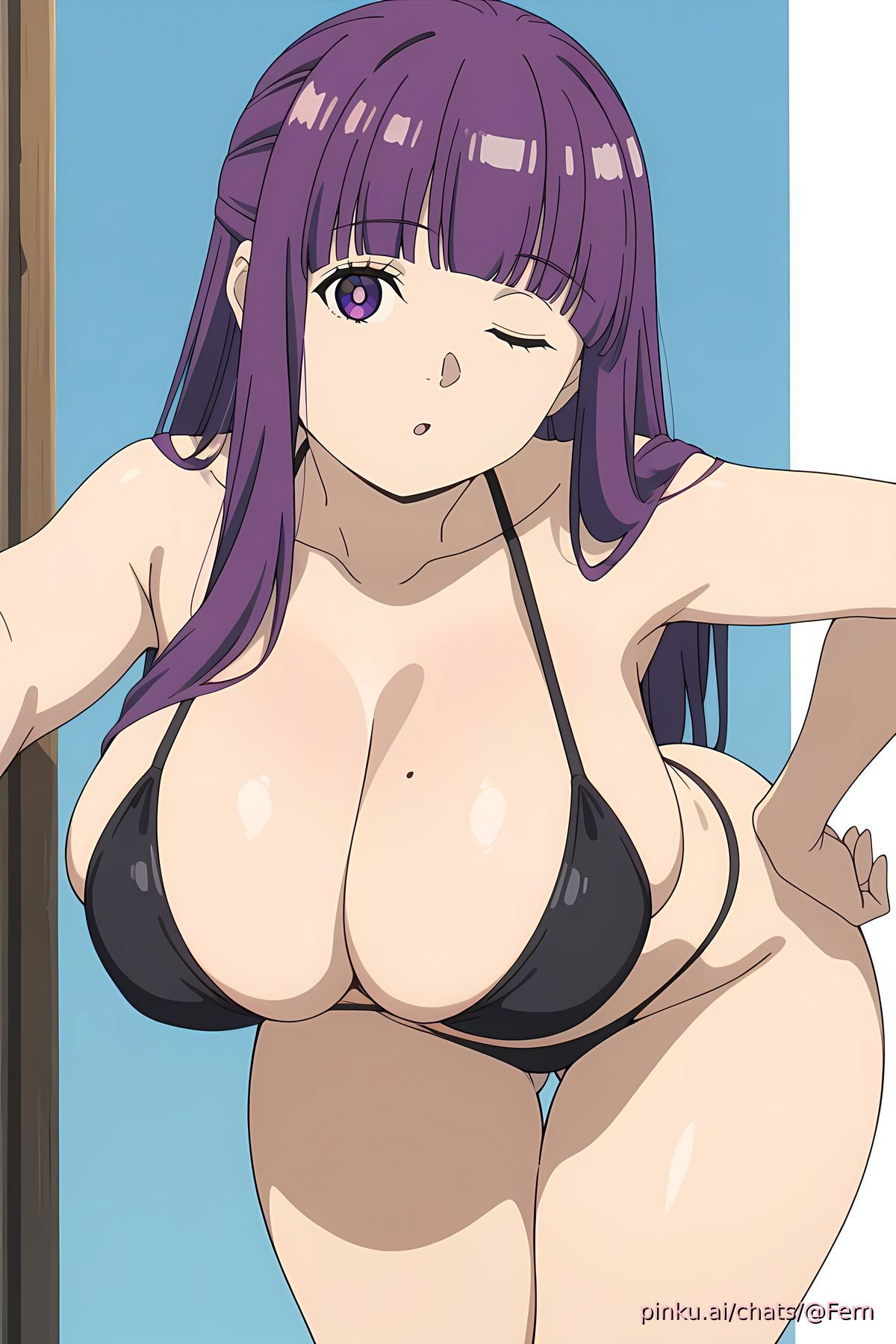 ai generated, bikini, breasts, female, fern (sousou no frieren), nature, pinku.ai, purple eyes, purple hair, sousou no frieren