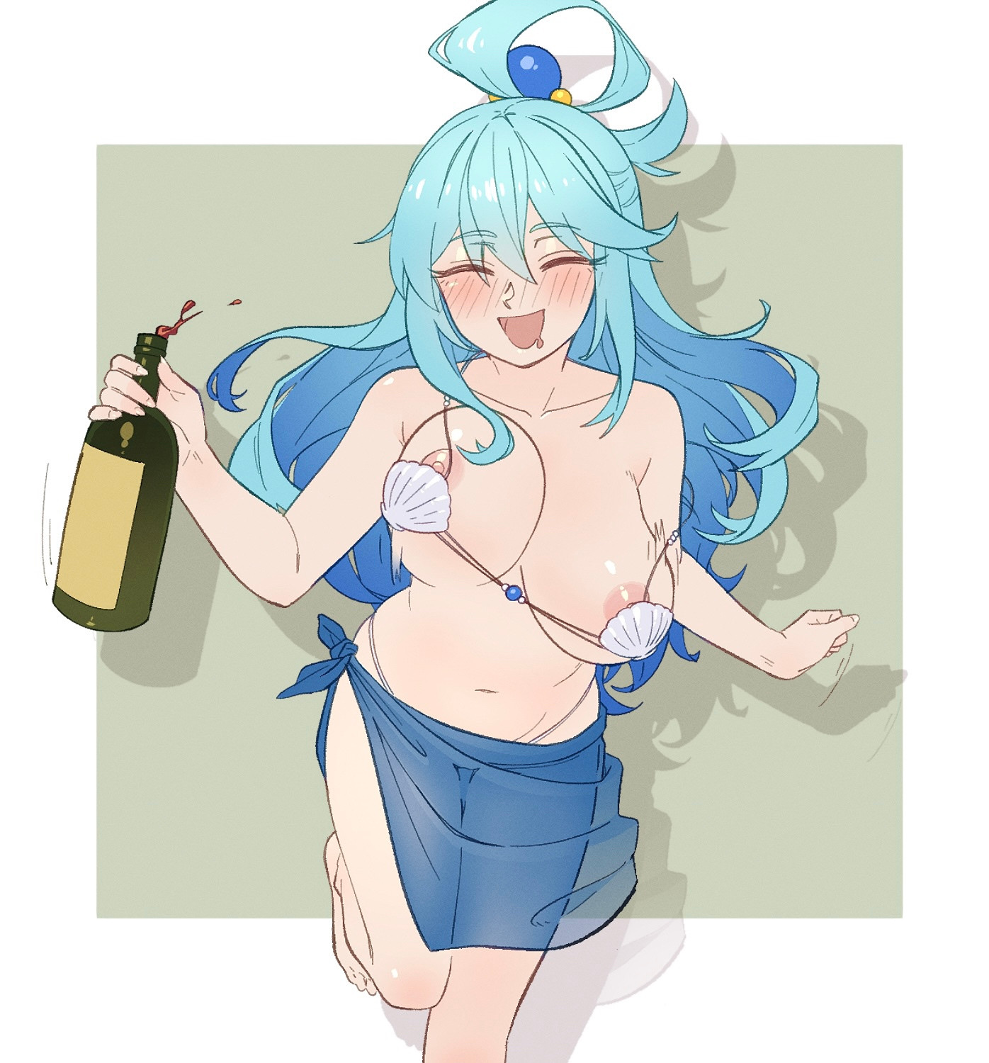 1girls, 2d, 2d (artwork), 2d artwork, accidental exposure, alcohol, aqua (konosuba), areola slip, belly, blue hair, blush, bouncing breasts, breasts, closed eyes, drink, drunk, drunk female, female, hair ornament, happy, hi res, kono subarashii sekai ni shukufuku wo!, large breasts, lewdismug, light skin, light-skinned female, long hair, micro bikini, motion lines, navel, nipple slip, nipples, open mouth, running, sarong, seashell, seashell bra, shell bikini, skirt, smile, smiling, solo, solo female, solo focus, swimsuit, thighs, unaware, wardrobe malfunction, wine, wine bottle