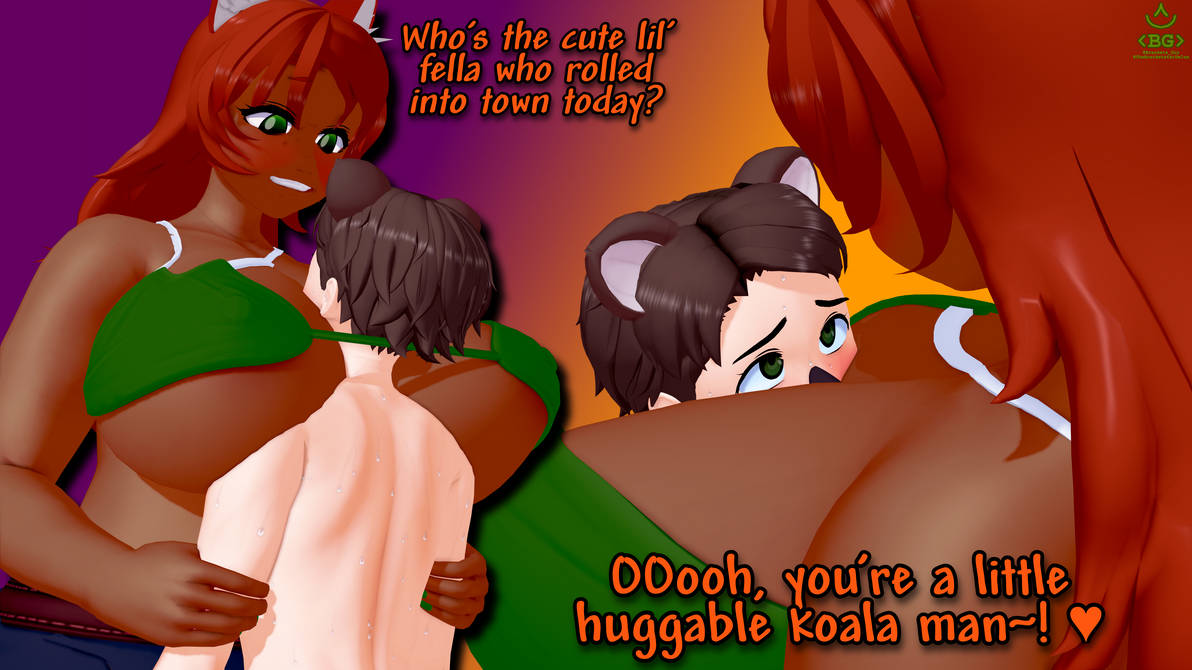 :3, 1boy, 1girls, 3d, barely clothed, blush, brackets guy, cleavage, cute, dark skin, dialogue, english dialogue, english text, female, fox, fox ears, fox girl, fox tail, green eyes, jeans, koikatsu, long hair, male, red hair, size difference, smile, smothering, tank top, terraria, text, thick thighs, wholesome, wide hips, zoologist (terraria)