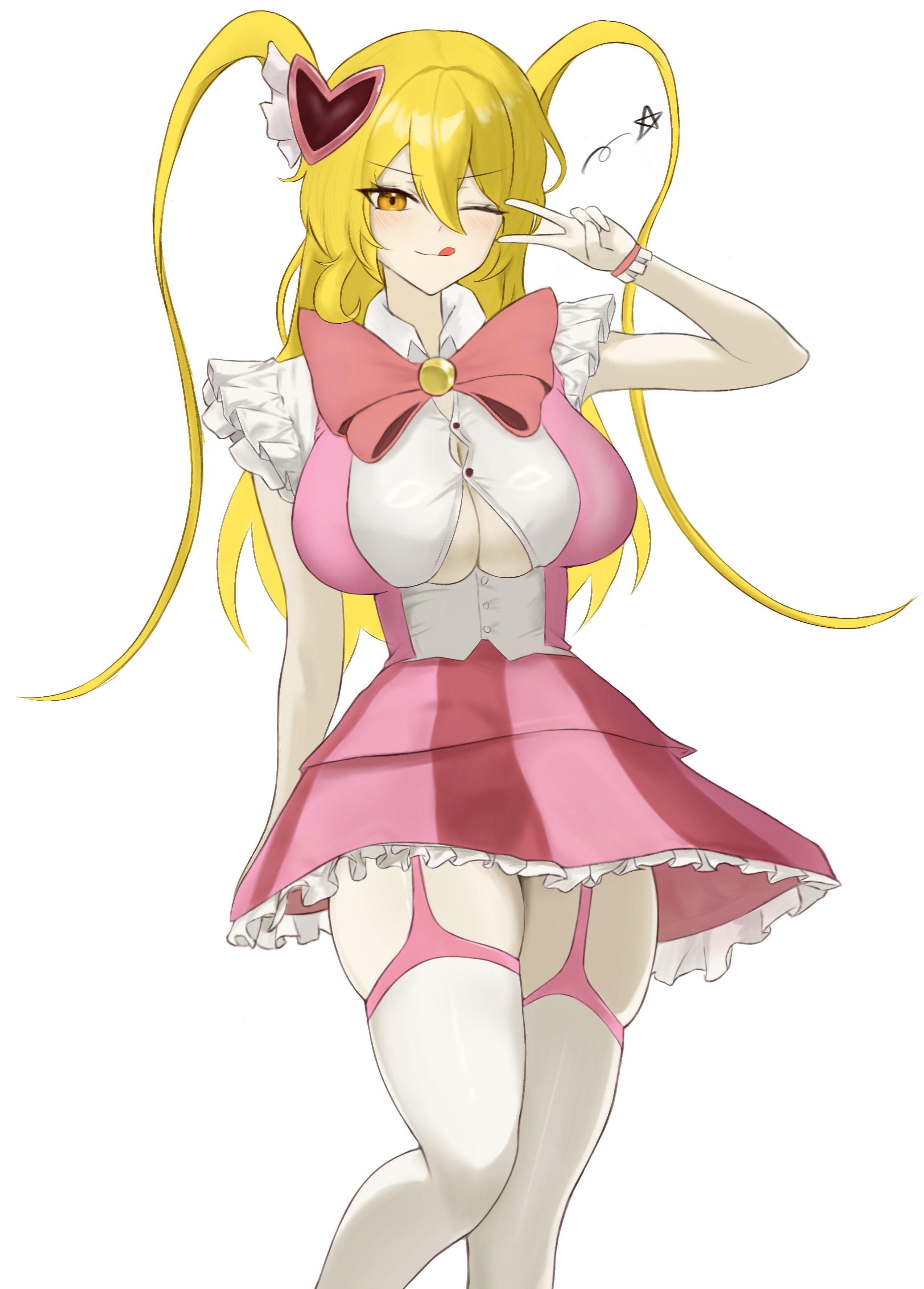 1girls, big breasts, blonde hair, blush, breasts, cleavage, don quixote (limbus company), female, female only, garter belt, garter straps, in the name of love and hate (e.g.o), large breasts, leggings, limbus company, long hair, looking at viewer, magical girl, one eye closed, pmlbtmlorlc, project moon, skirt, sleeveless, thick thighs, thigh highs, tied hair, twintails, underboob, v, white background, wink