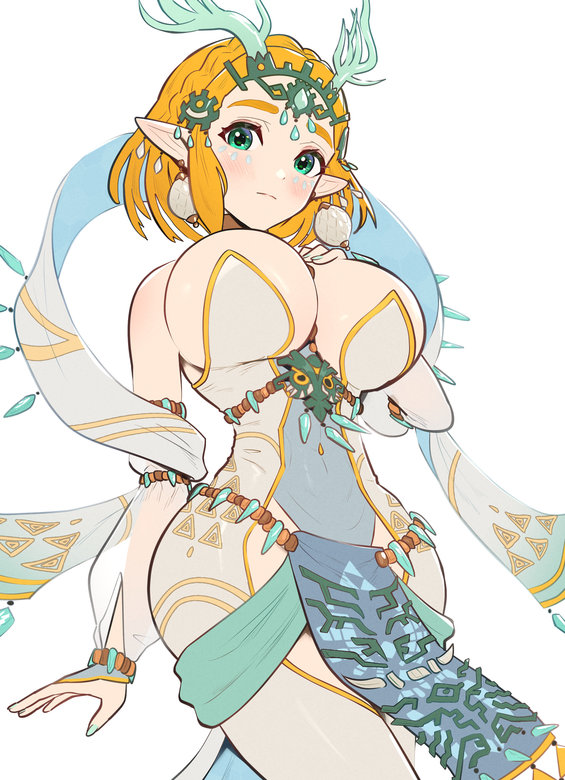 1girls, absurdres, alternate costume, blonde hair, blue nails, breasts, cleavage, dragon girl, dragon horns, dragon zelda, earrings, female, gonzarez, highres, horns, jewelry, large breasts, nail polish, nintendo, princess zelda, solo, tears of the kingdom, the legend of zelda, zelda (tears of the kingdom)