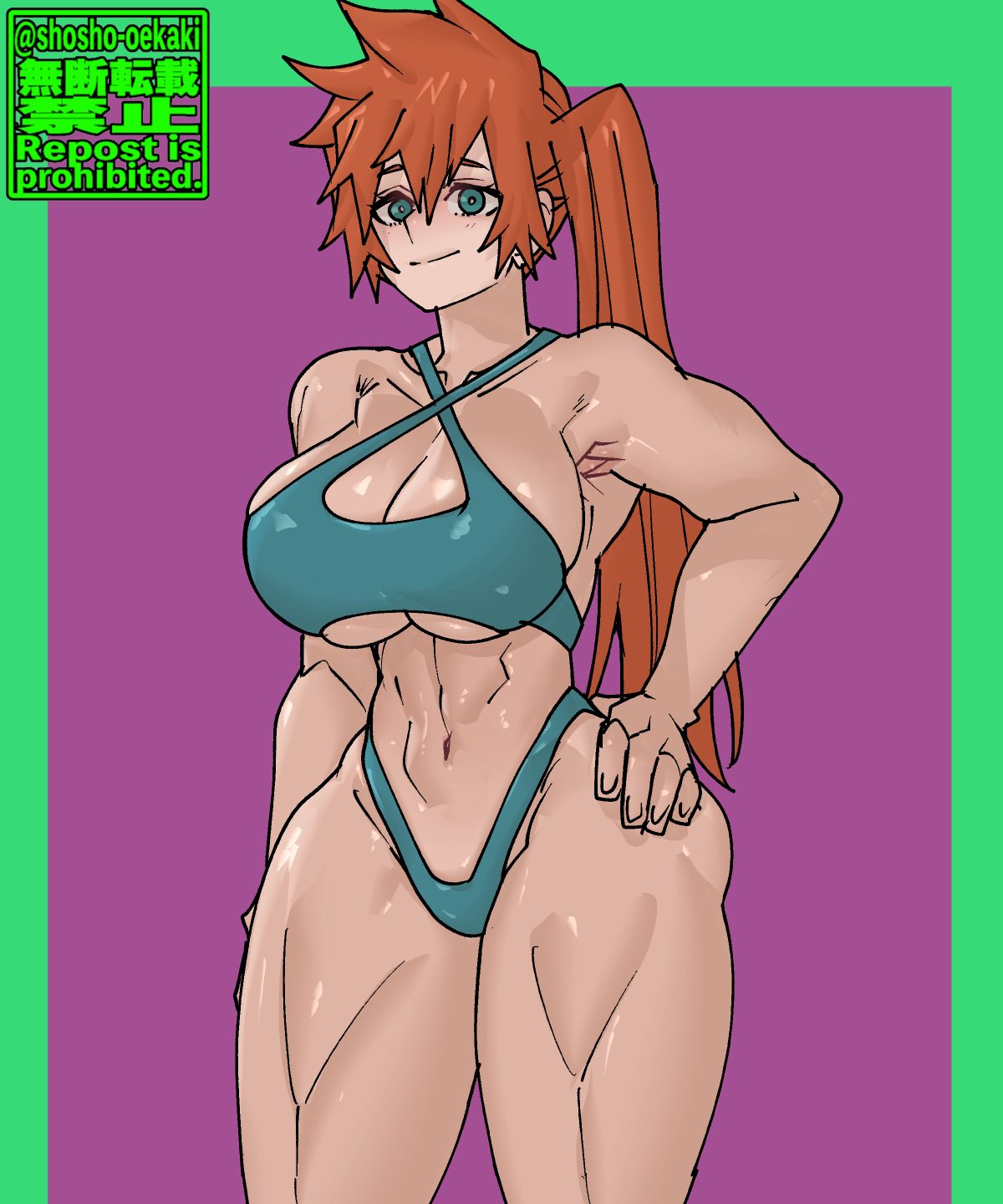 1girls, artist logo, artist name, bikini, breasts, confident smile, covered breasts, female, female only, green eyes, hands on hips, itsuka kendou, large breasts, looking at viewer, muscular, muscular female, my hero academia, orange hair, orange-haired female, shosho oekaki, shueisha, simple background, solo female, solo focus, teenage female, thick thighs, weekly shonen jump