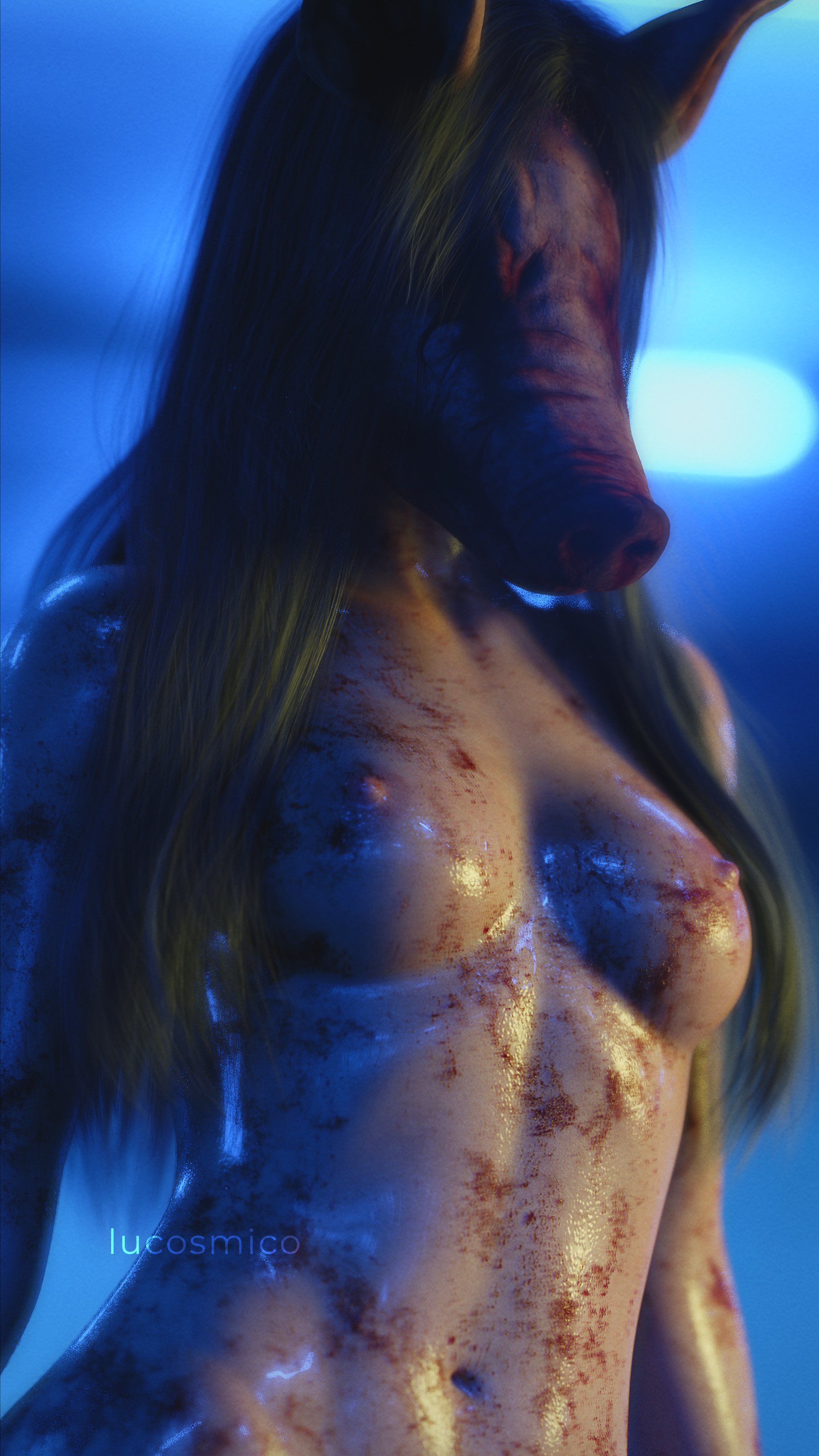 1girls, 3d, amanda young, blood, breasts, dead by daylight, female, female only, horror, lucosmico, mask, nipples, saw (series), solo, the pig, topless