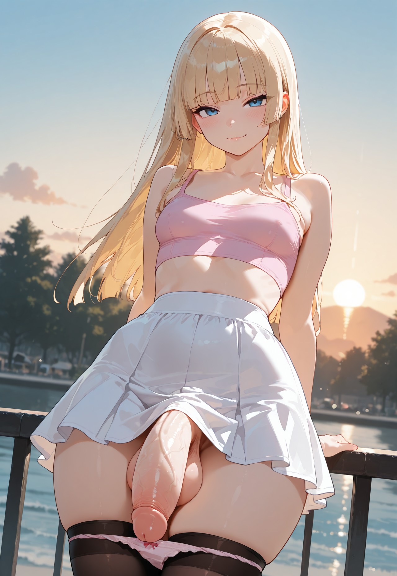 1futa, ai generated, balls, big penis, blonde hair, blue eyes, breasts, crop top, female, flaccid, futa only, futanari, hime cut, hime girl (jamesbron), intersex, jamesbron, large penis, leaning back, legwear, long hair, looking at viewer, panties, panties down, penis, skirt, small breasts, smile, solo, solo futa, standing, stockings, sunset, thighhighs, thighs, white skirt, wide hips