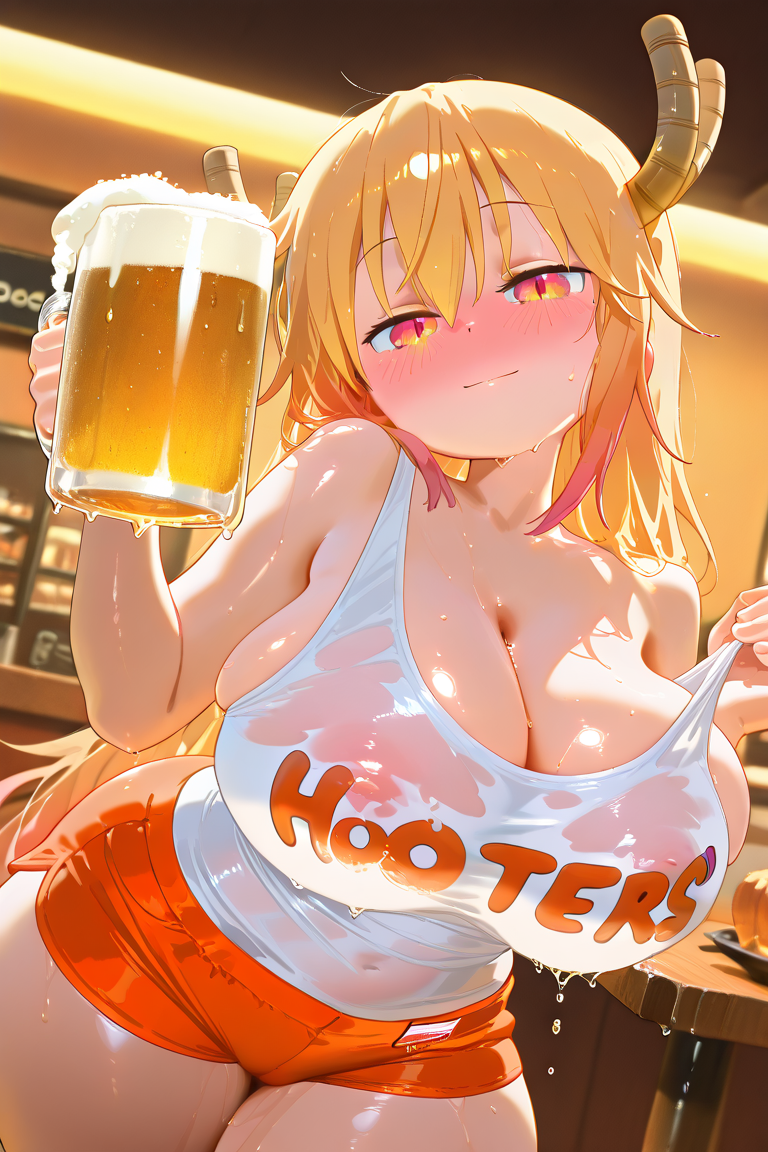 1girls, ai, ai art, ai generated, ass, big tits, breasts, cute, dragon girl, dragon maid, female, female only, hooters, hooters uniform, kobayashi-san chi no maidragon, sexy, sexy body, sexy pose, tohru (dragon maid)