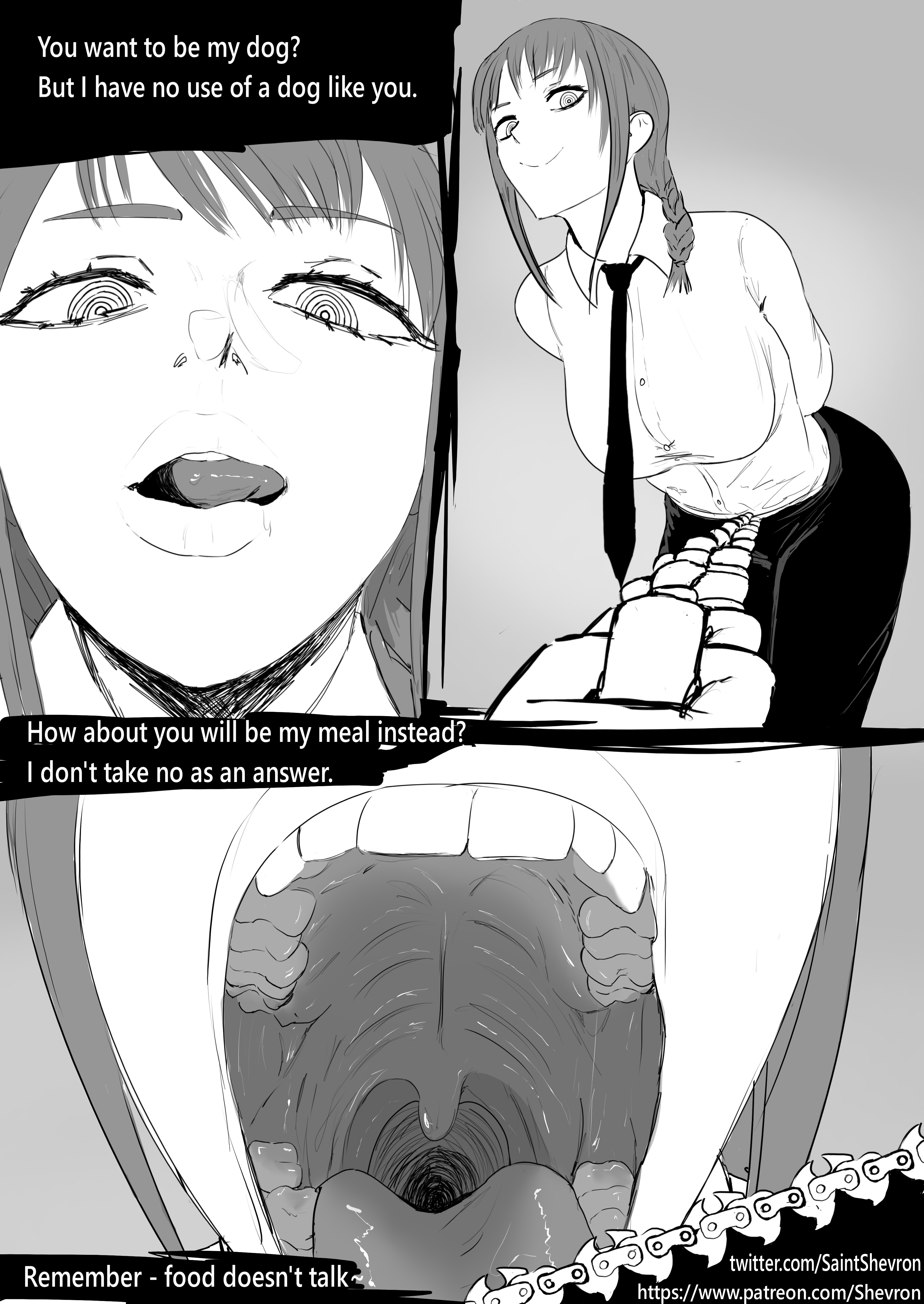 2023, bangs, black pants, black tie, braided ponytail, chains, chainsaw man, dominant female, domination, dress shirt, female, female pred, hair bangs, implied vore, licking lips, makima (chainsaw man), monochrome, mouth shot, open mouth, oral vore, pov, pov prey, pov viewer, predator, predator/prey, prey, prey pov, saintshevron, smiling, smiling at viewer, submissive prey, unkown prey, viewer pov, vore