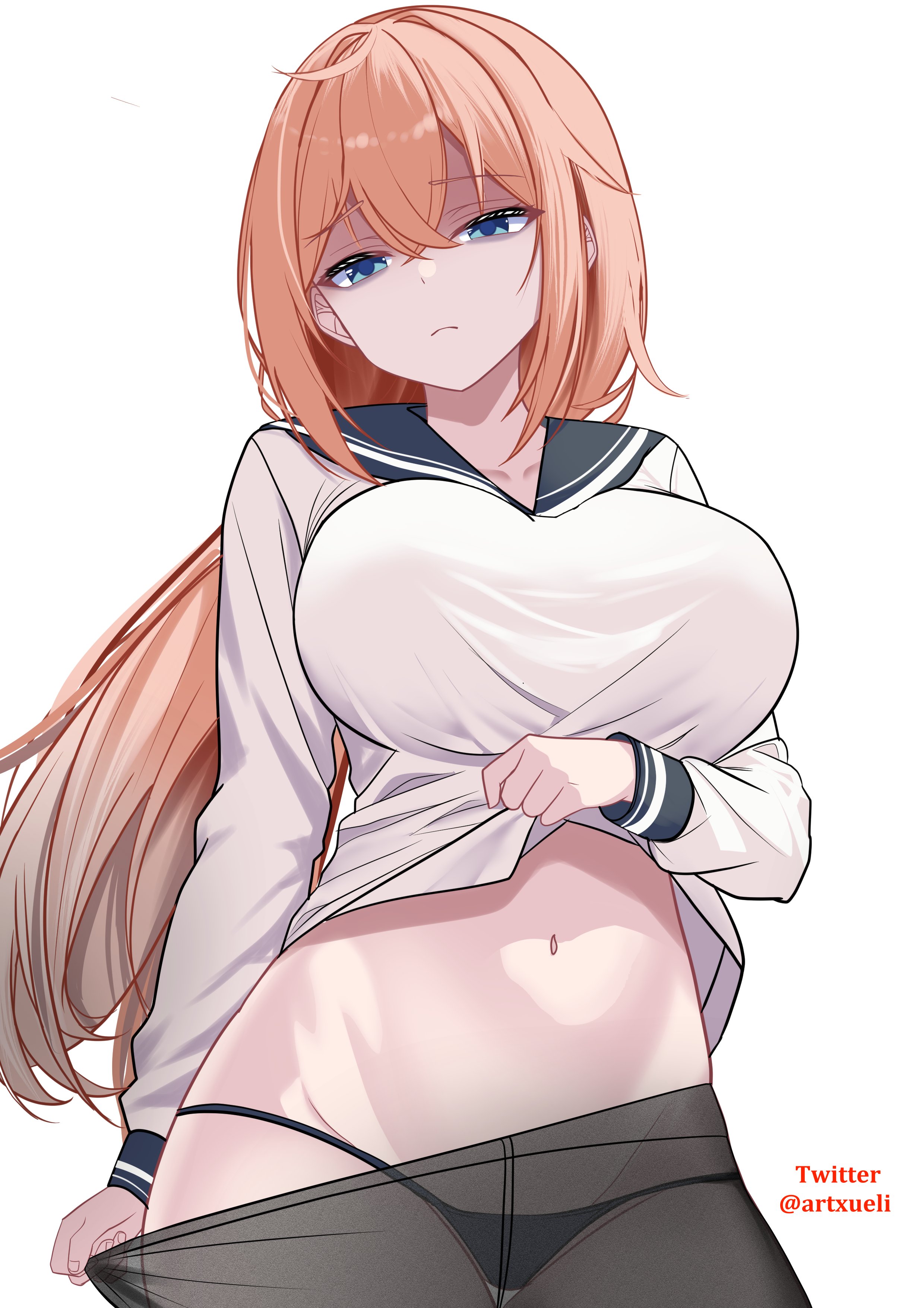 1girls, absurdres, black panties, black sailor collar, blue eyes, breasts, closed mouth, clothes lift, clothes pull, commentary, cowboy shot, crossed bangs, female, highres, large breasts, long hair, long sleeves, looking at viewer, michinoku komaro, navel, no pants, orange hair, panties, pantyhose, pantyhose pull, sailor collar, school uniform, seitokai ni mo ana wa aru!, serafuku, shaded face, shirt, shirt lift, simple background, solo, stomach, strawberry blonde hair, twitter username, underwear, white background, white shirt, xueli shimazaki
