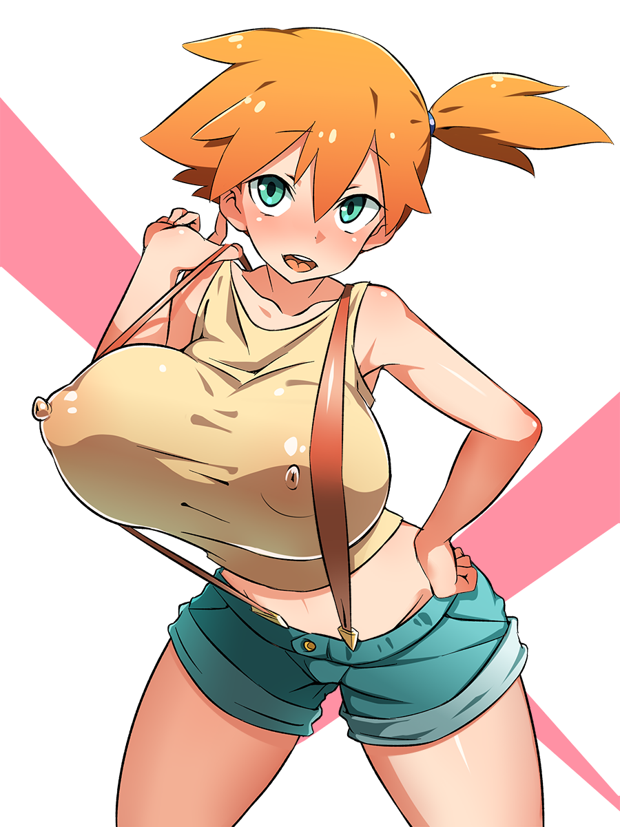 1girls abs blush breasts busty cleavage clothed curvaceous curvy erect_nipples female female_only furau ginger green_eyes huge_areolae huge_breasts human human_only kasumi_(pokemon) navel nintendo open_mouth orange_hair pokemon puffy_nipples short_hair solo spread_legs thick_thighs thigh_highs voluptuous wide_hips