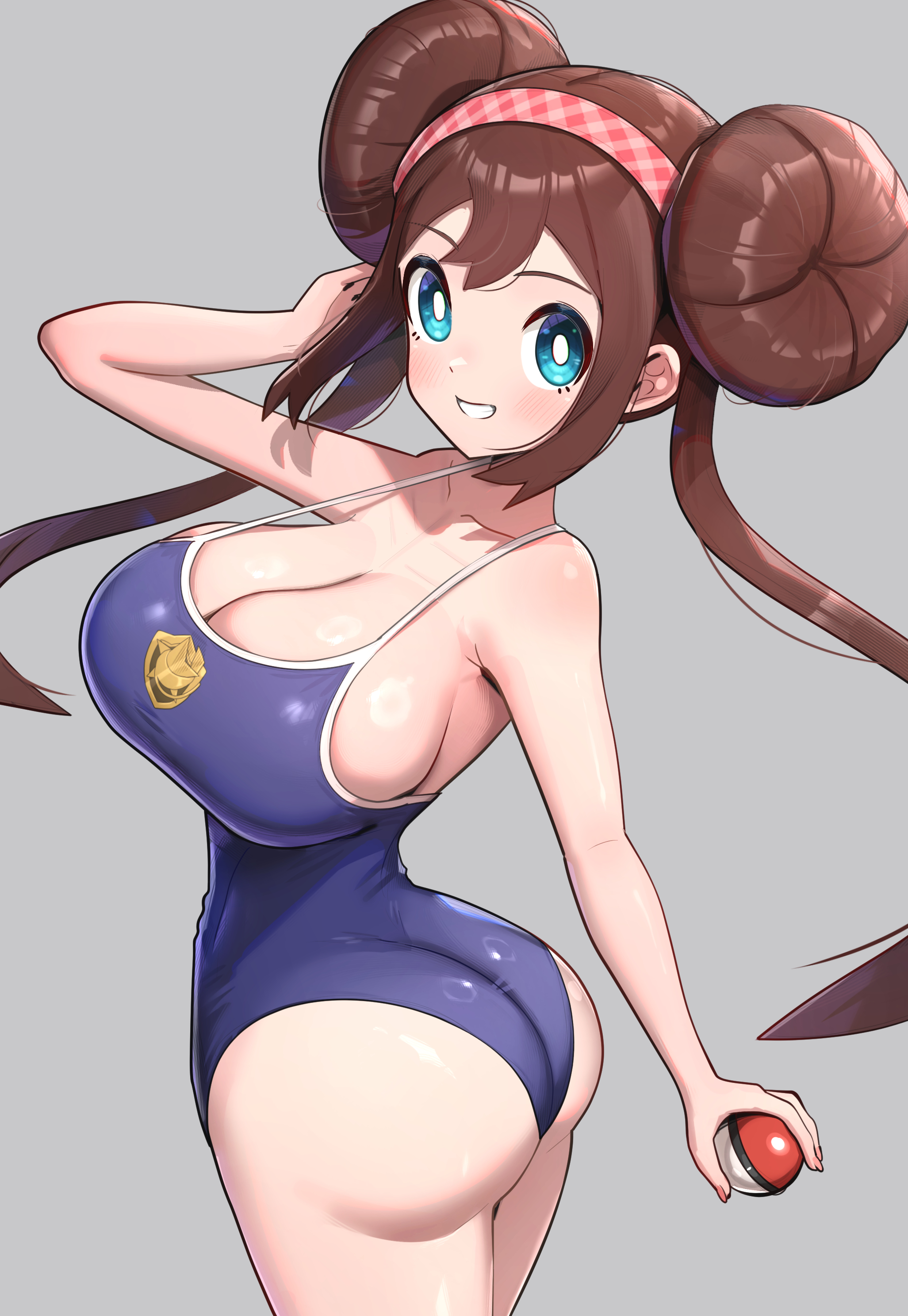 absurdres, ass, blue eyes, blue one-piece swimsuit, blush, breasts, brown hair, cleavage, double bun, female, gonzarez, hair bun, highres, holding, holding poke ball, large breasts, long hair, looking at viewer, mei (pokemon), nintendo, one-piece swimsuit, poke ball, poke ball (basic), pokeball, pokemon, pokemon masters, pokemon masters ex, rosa (academy) (pokemon masters), rosa (pokemon), school swimsuit, simple background, smile, solo, swimsuit, twintails