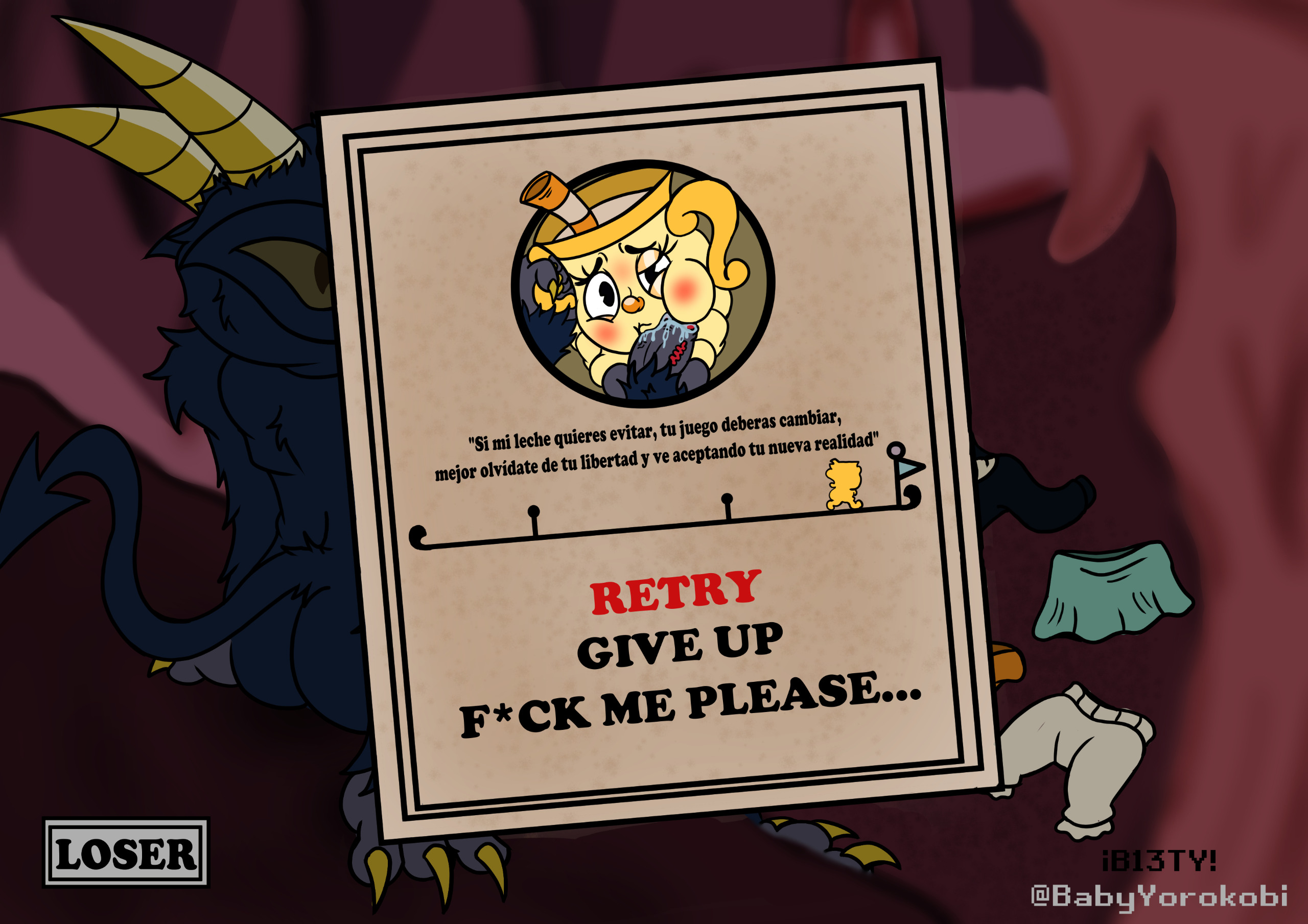 1boy, 1girls, aerolae, babyyorokobi, big ass, blowjob, breasts, cuphead (game), cuphead: the delicious last course, curvy figure, cute face, dick, female, focus, forced, forced oral, huge cock, male, ms. chalice, nude female, oral penetration, oral sex, penis, penis in mouth, pov, sex slave, shortstack, the devil (cuphead), yellow body