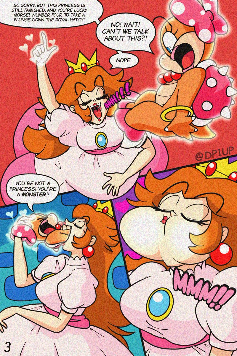 angry, blue nails, comic, dialogue, dic entertainment, dp1up, female, female only, hangry, light-skinned female, mario (series), nintendo, pink dress, princess peach, princess toadstool, princess toadstool (dic cartoons), same size vore, scared, scared expression, telekinesis, text, the super mario bros. super show!, turtle, vore, vore belly, wendy o. koopa