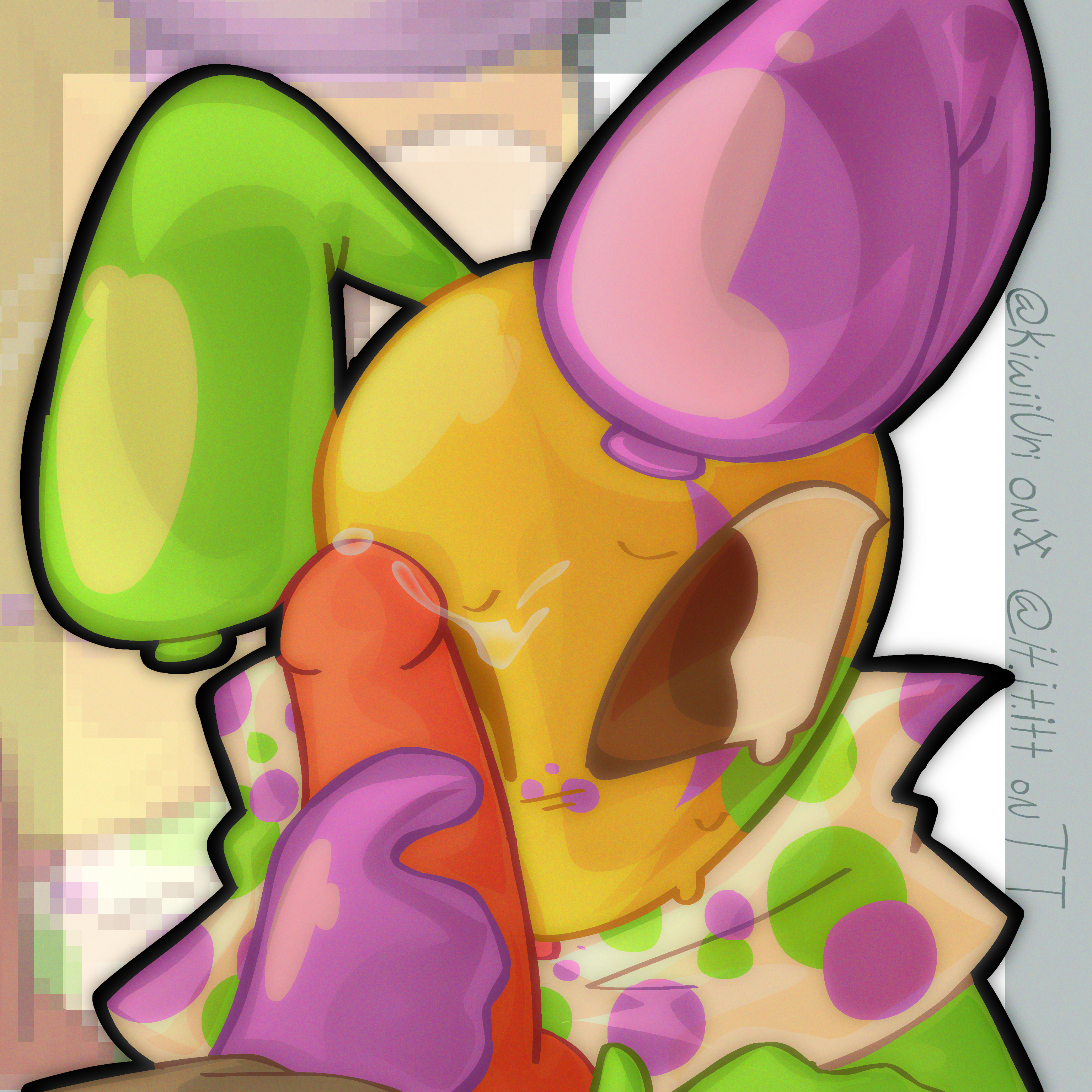 berryfunny, cum on face, dandy's world, dandys world, dick on face, duo, faceless male, gay, kiwiiuri, looey (dandy's world), male, male only, male/male, mostly offscreen character, penis on face, pixelated background, roblox game, sprout (dandy's world), submissive male