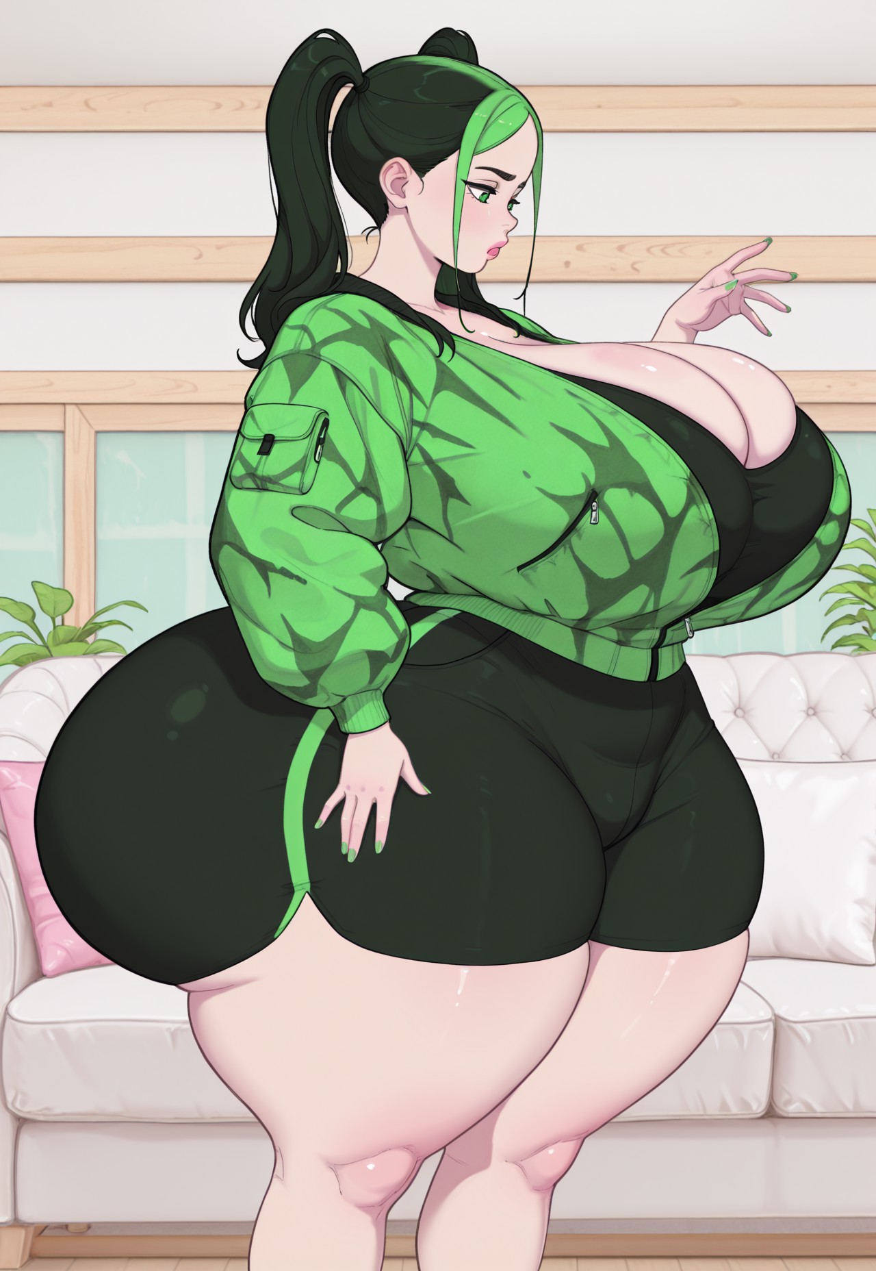 1girls, ai generated, ass, badonkadonk, badonkadonks, big ass, big booty, big breasts, big butt, billie eilish, black hair, breasts, caucasian, civitai, cleavage, couch, curvaceous, curvy, curvy female, curvy figure, female, fingernails, green fingernails, green hair, green streak, hourglass figure, hourglass figured female, indoors, large ass, large breasts, living room, mature, mature female, mature woman, pawg build, sexy, voluptuous, voluptuous female, wide hips