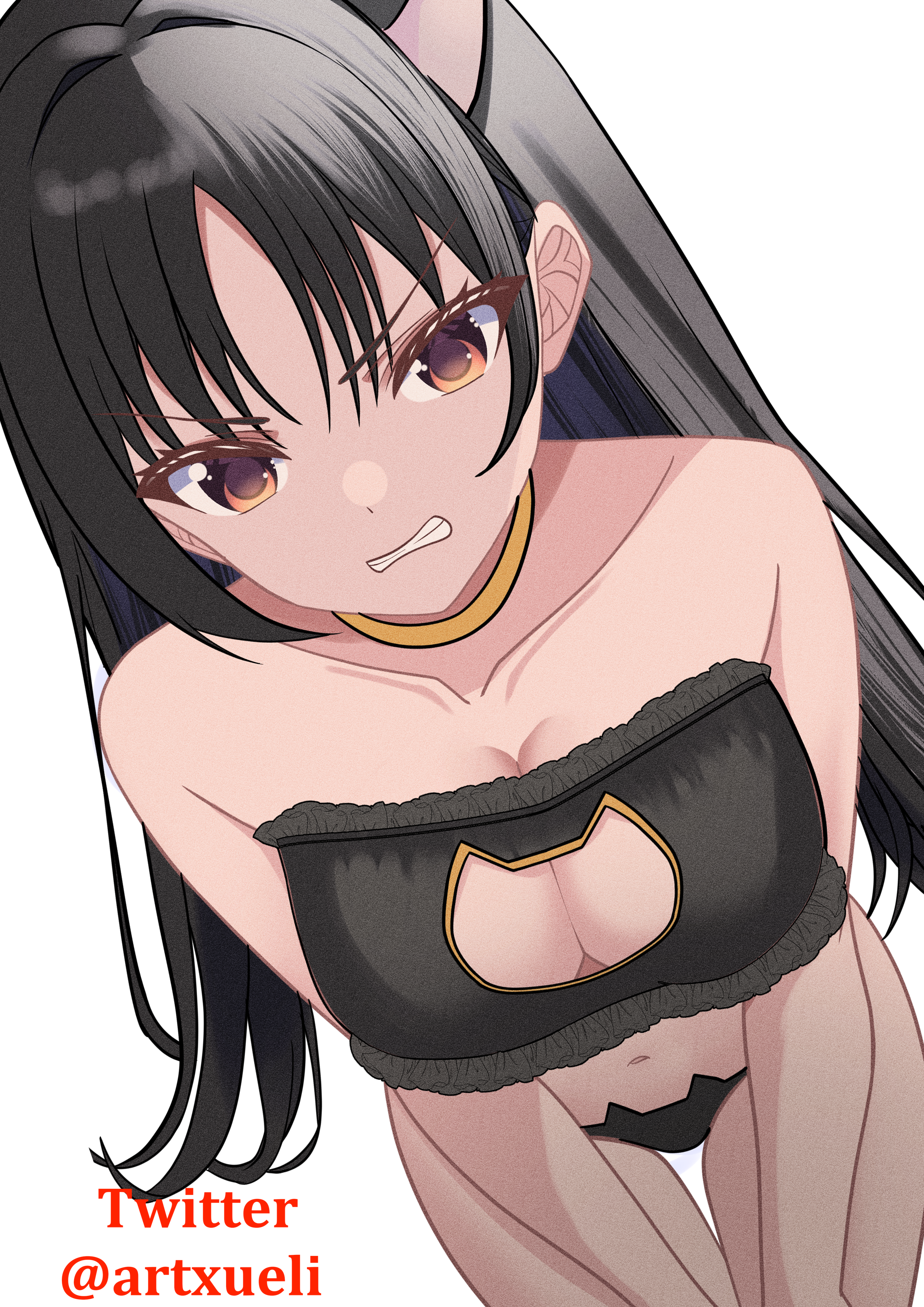 1girls, absurdres, angry, animal ears, bare shoulders, bend, black bra, black hair, black panties, bra, breasts, cat ears, cat lingerie, center opening, choker, classroom of the elite, cleavage, close-up, collarbone, female, highres, horikita suzune, lingerie, long hair, looking at viewer, medium breasts, navel, panties, red eyes, simple background, solo, teeth, thighs, twitter username, underwear, white background, xueli shimazaki, yellow choker, youkoso jitsuryoku shijou shugi no kyoushitsu e