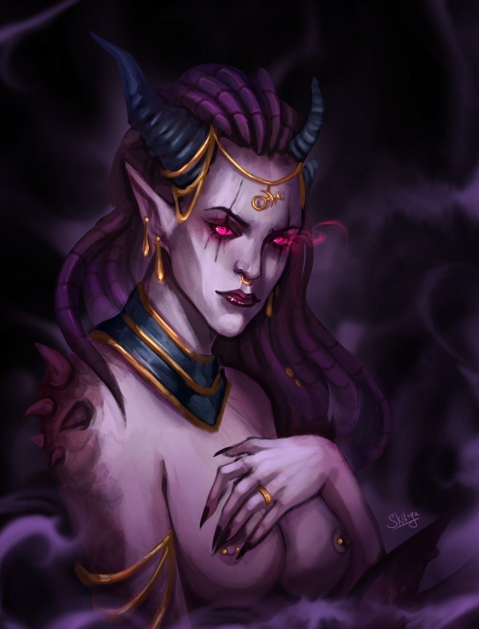 breasts, chaos (warhammer), chaos god, demon, demon girl, demoness, female, horns, jewelry, large breasts, neckwear, nipple piercing, nipples, nose piercing, pointy ears, purple eyes, purple hair, purple skin, ring, sharp fingernails, skitoya, slaanesh, slaanesh mark, warhammer (franchise), warhammer fantasy