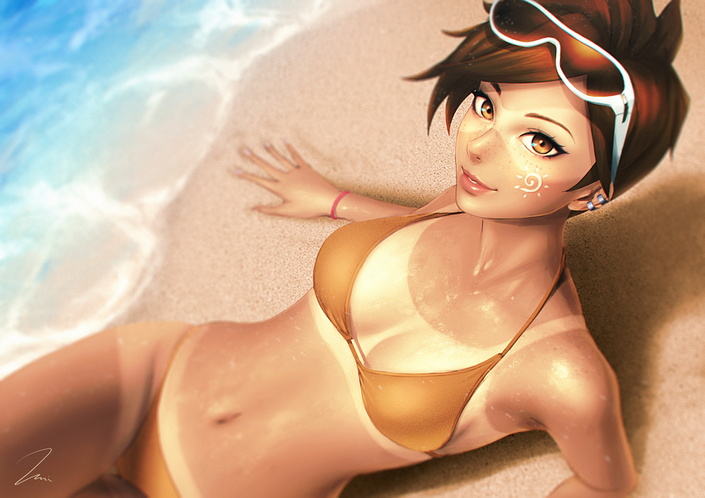 1girls, beach, bikini, blizzard entertainment, brown eyes, brown hair, cute, eyeshadow, female, female only, freckles, fringe, looking at viewer, overwatch, seductive look, selfie, short hair, slim, solo, spiky hair, sweat, tanlines, teenager, tracer, umitaro, yellow eyes